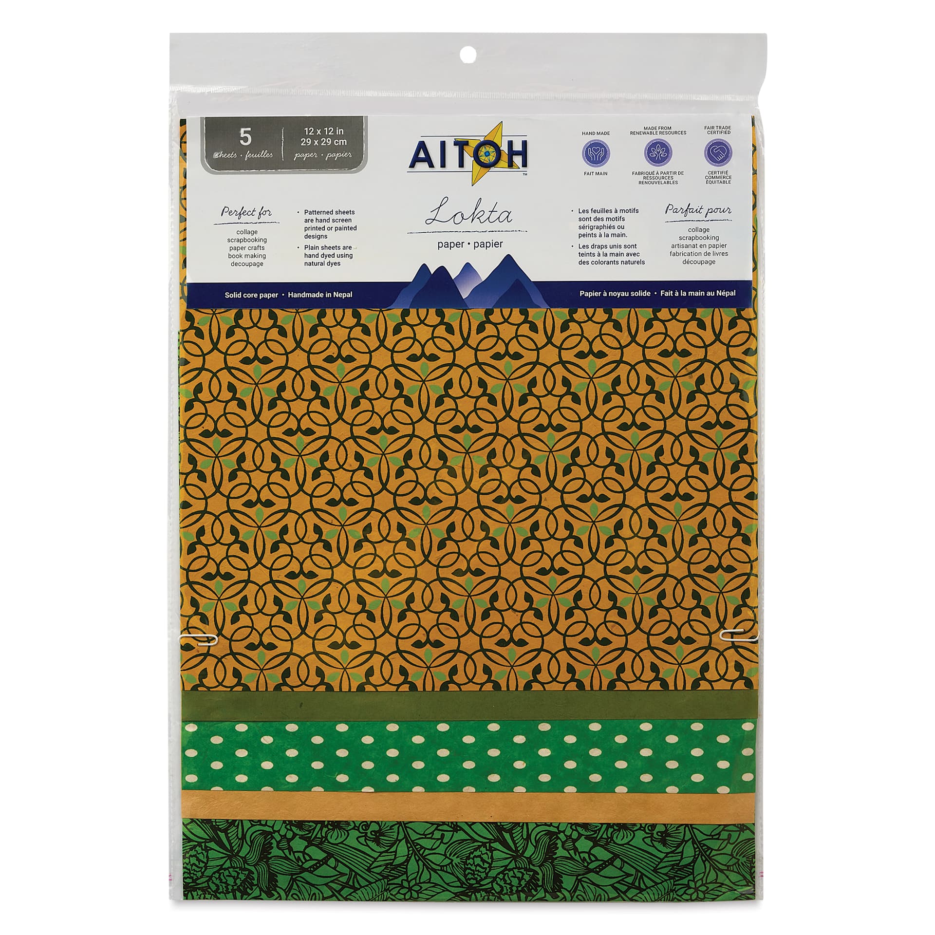 Aitoh Decorative Lokta Paper Pack - Greens, 12" x 12", Pkg of 5, front of packaging