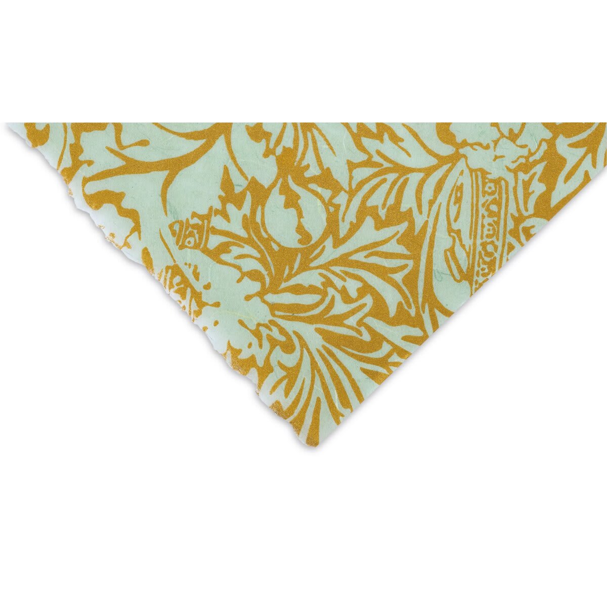 Black Ink Screenprinted Mulberry Paper - Corner of Green with Gold Ribbon and Leaves design