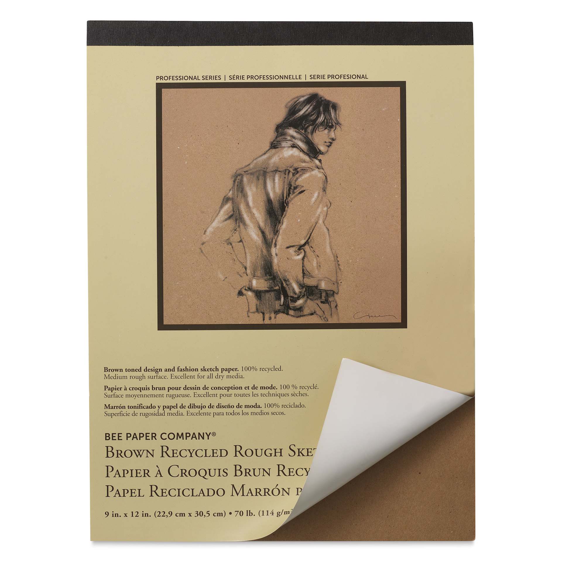 Bee Paper Brown Recycled Rough Sketch Pad - 9" x 12", front cover lifted showing interior sheet