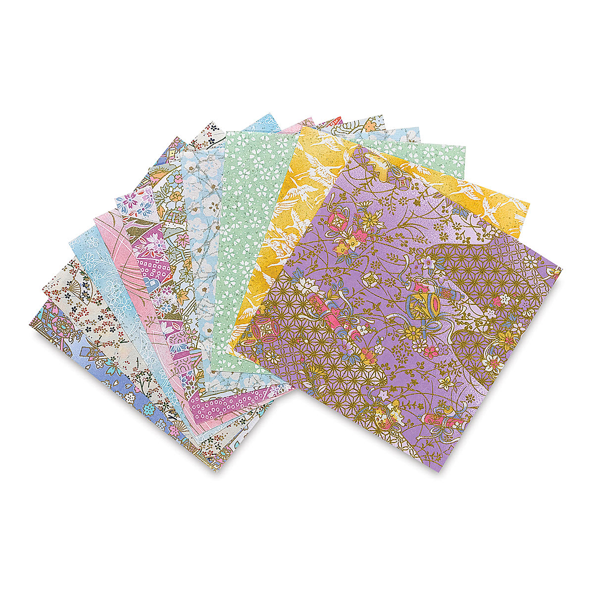 Yasutomo Yuzen Origami Papers - Assorted pastel colored sheets arranged in fan