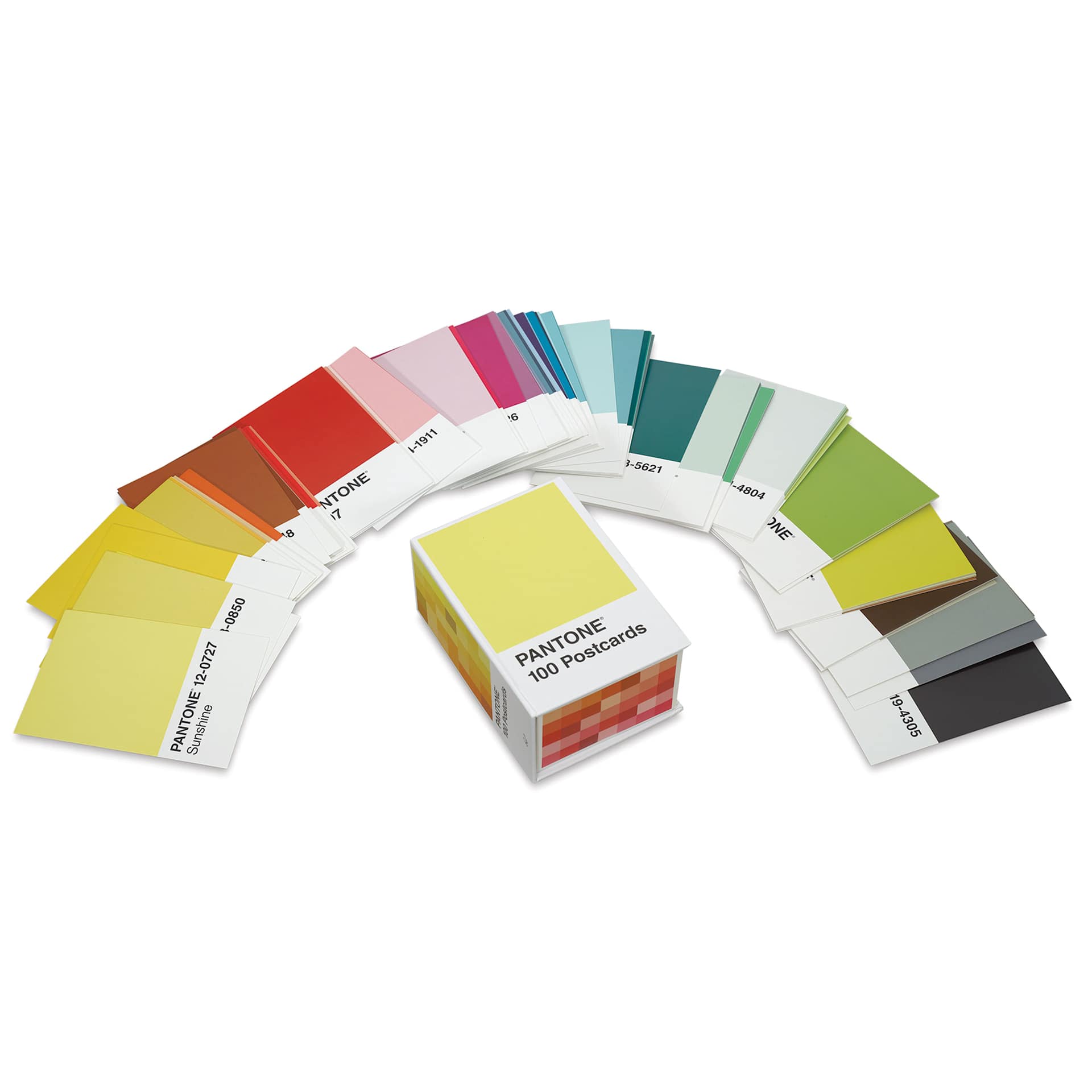 Pantone 100 Postcards Box, postcards fanned out next to storage box