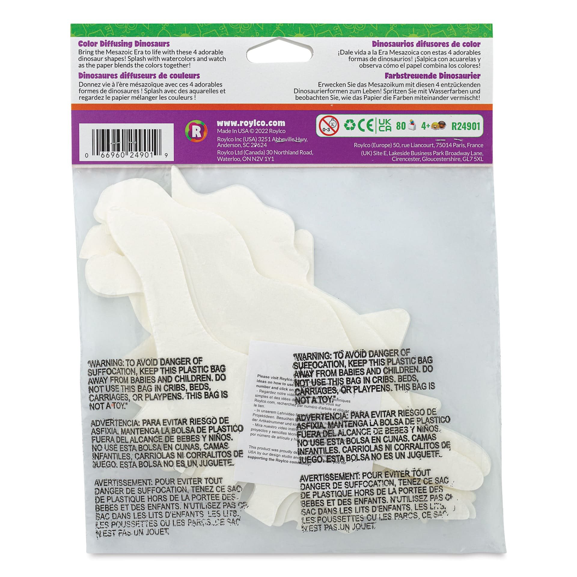 Roylco Color Diffusing Paper Pack - Dinosaurs, Pkg of 80 back of packaging