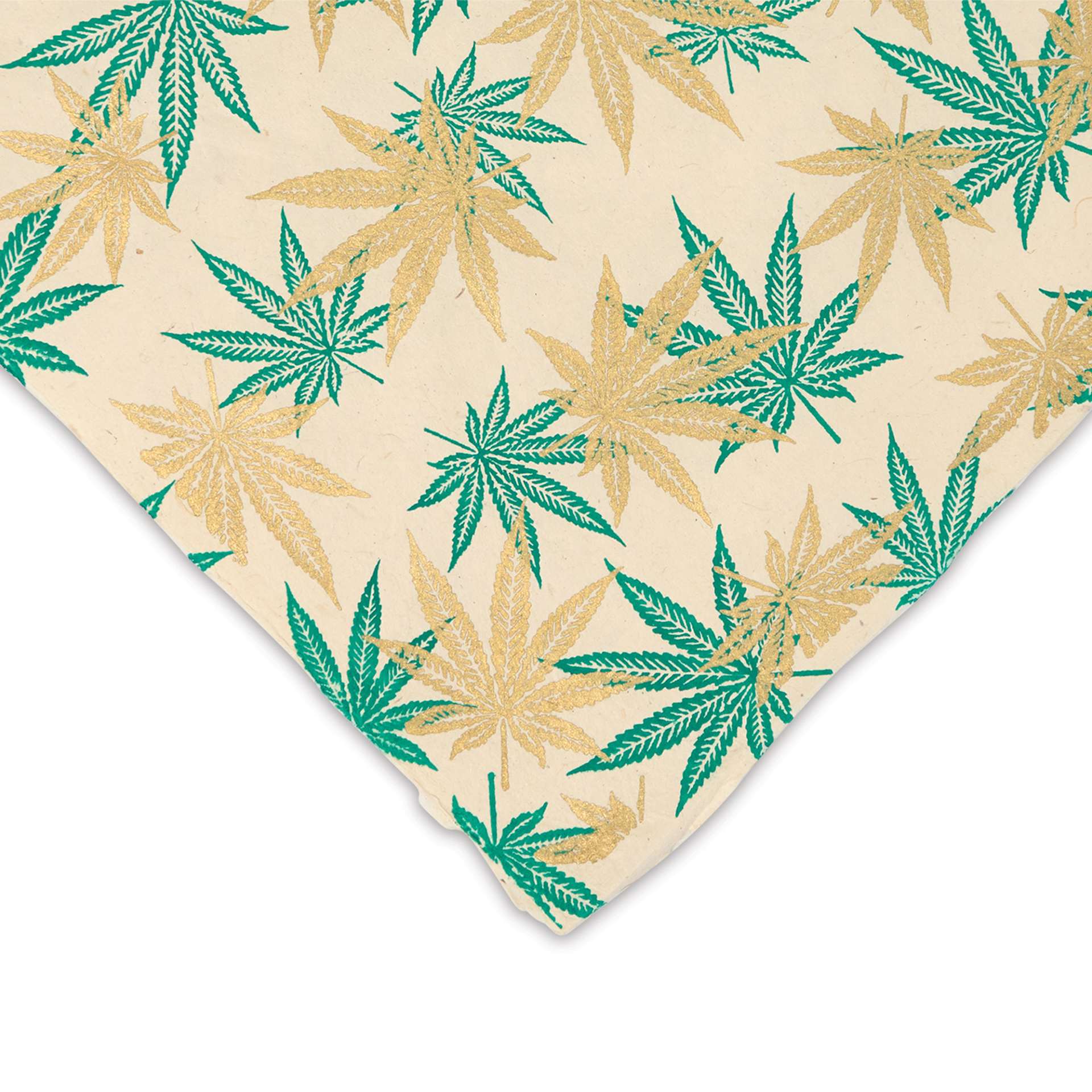 Lokta Paper - Hemp, Gold/Green on Cream, 20" x 30", corner of sheet