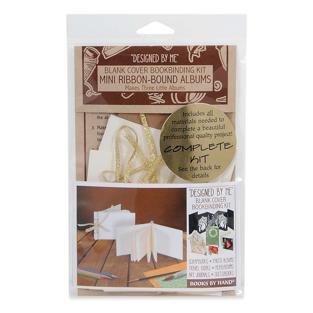 Books by Hand "Designed by Me" Blank Cover Bookbinding Kits - Mini Ribbon-Bound Albums, Ivory Pages front of packaging