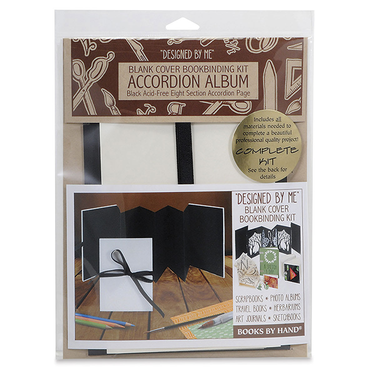 Books By Hand Blank Cover Accordion Album Bookbinding Kit - Black Pages front of packaging