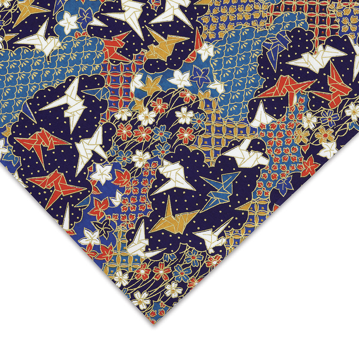 Aitoh Japanese Decorative Papers - Corner of Red/White/Blue/Gold Cranes pattern shown