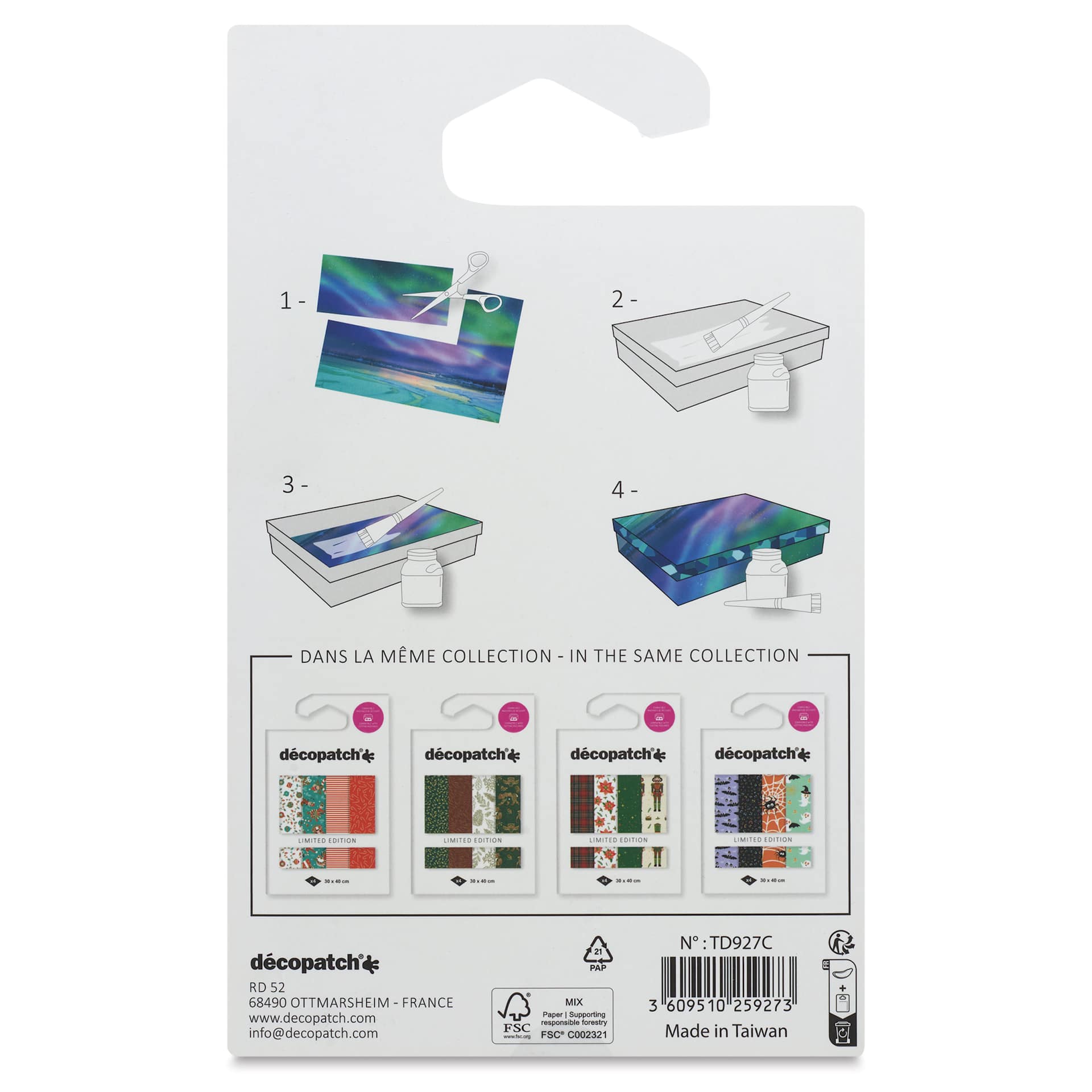 DecoPatch Foil Paper - Limited Edition, Northern Lights Christmas, Set of 4, 12" x 16" back of packaging