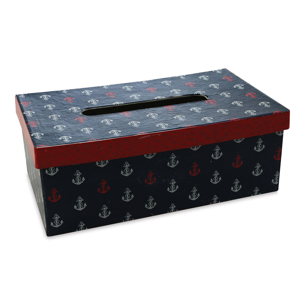DecoPatch Paper Mache Tissue Box - left angled view, decorated