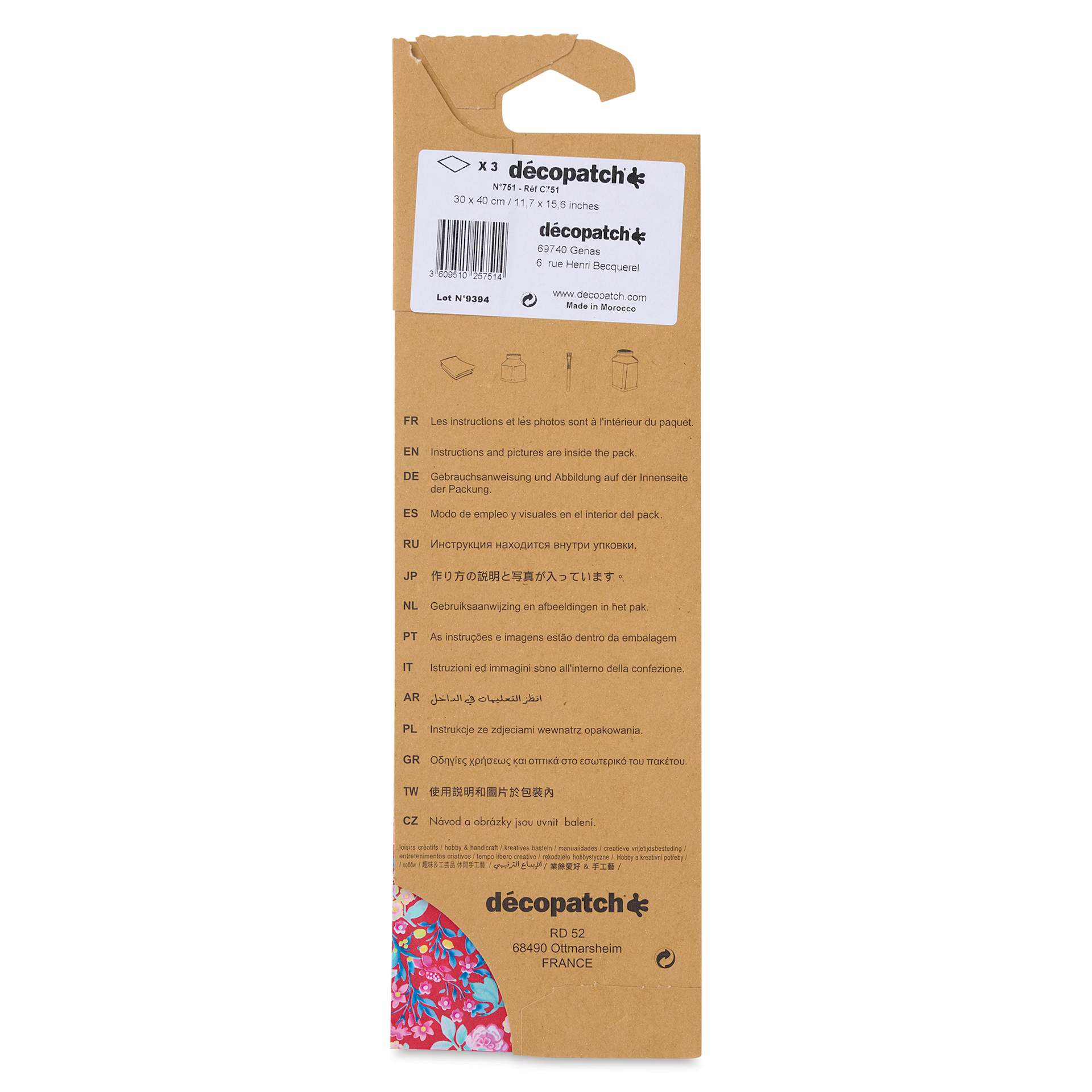 DecoPatch Decorative Papers - Red Floral, Pkg of 3, back of the packaging