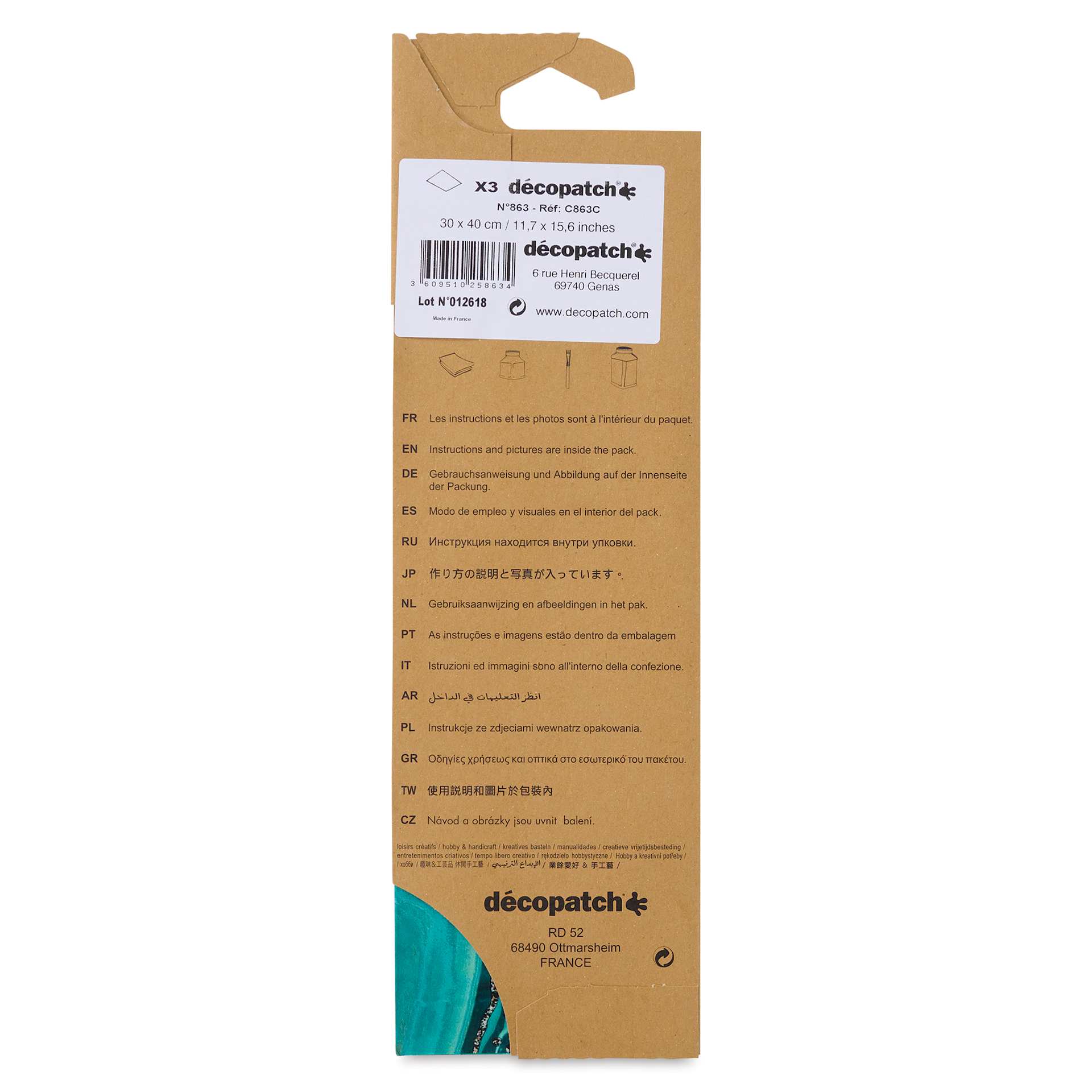 DecoPatch Decorative Papers - Turquoise Gem, Pkg of 3, back of the packaging