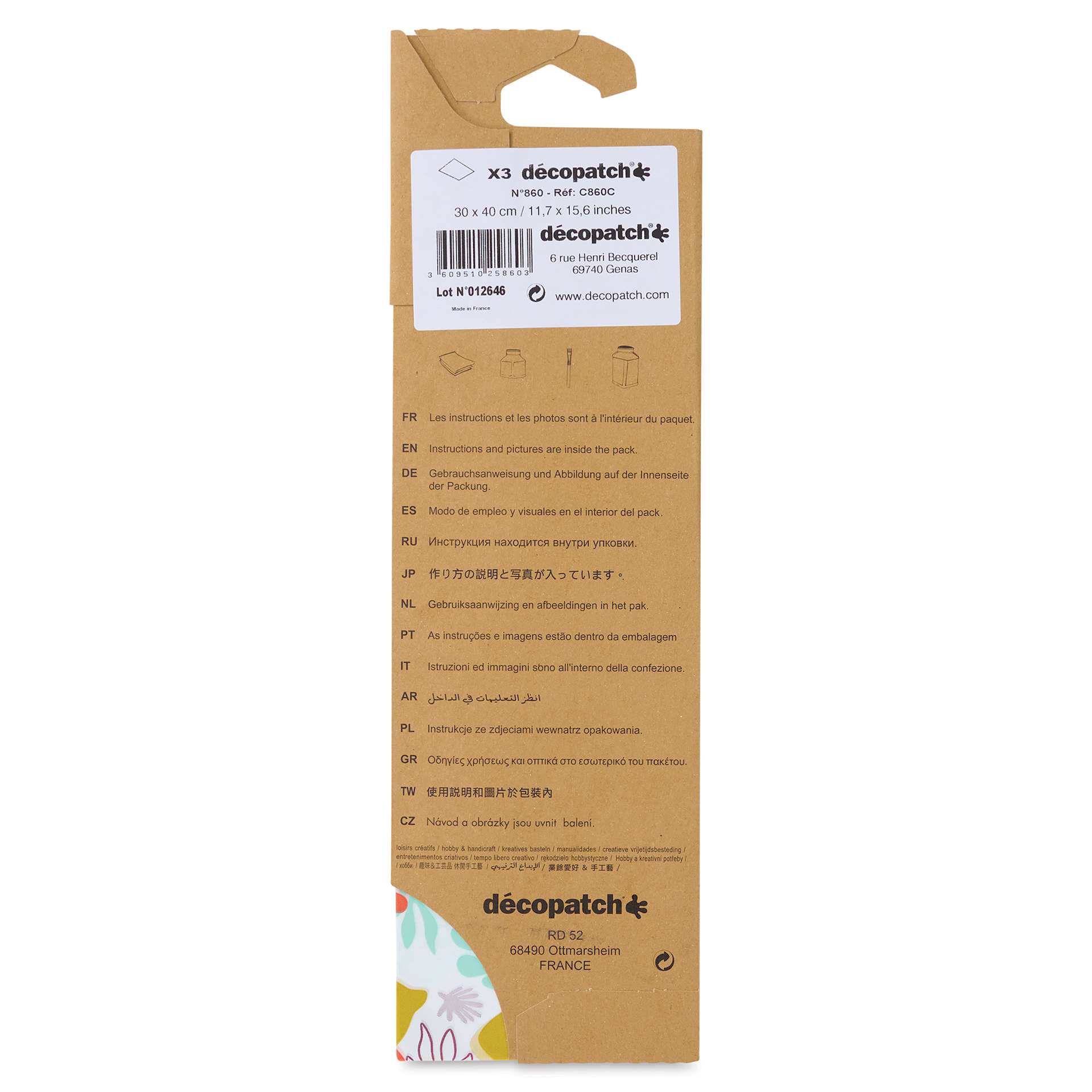 DecoPatch Decorative Papers - Lemon Tropical Floral, Pkg of 3, back of the packaging