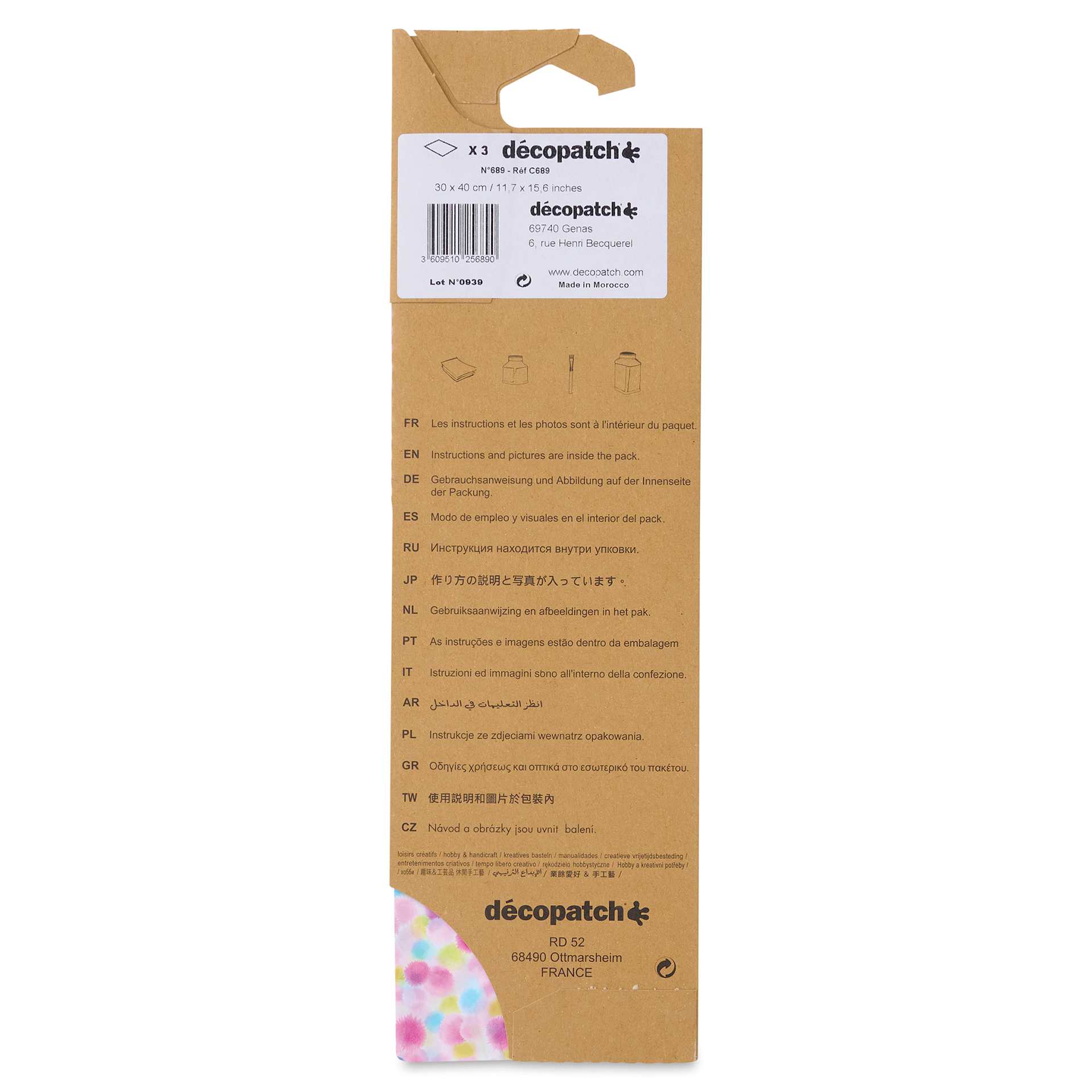 DecoPatch Decorative Papers - Pink/Yellow/Blue Bubbles, Pkg of 3, back of the packaging