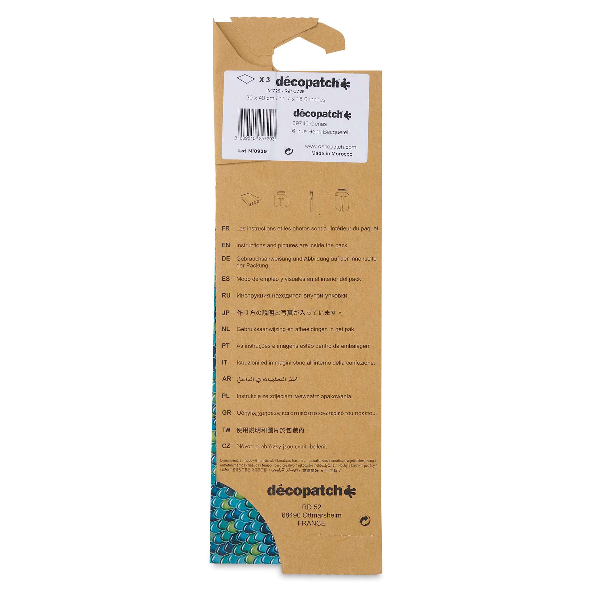 DecoPatch Decorative Papers - Blue Scales, Pkg of 3, back of the packaging