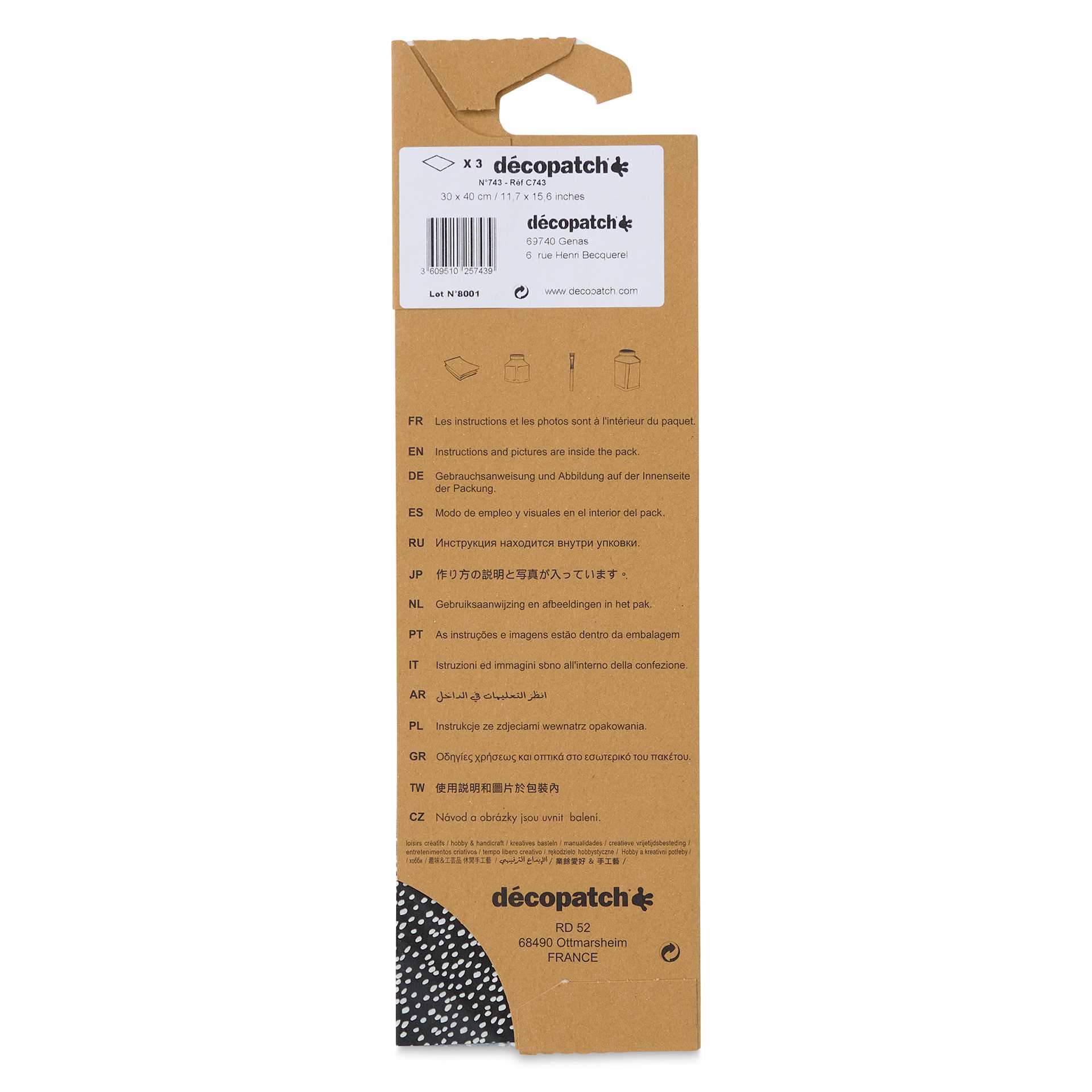 DecoPatch Decorative Papers - Black/White Drops, Pkg of 3, back of the packaging