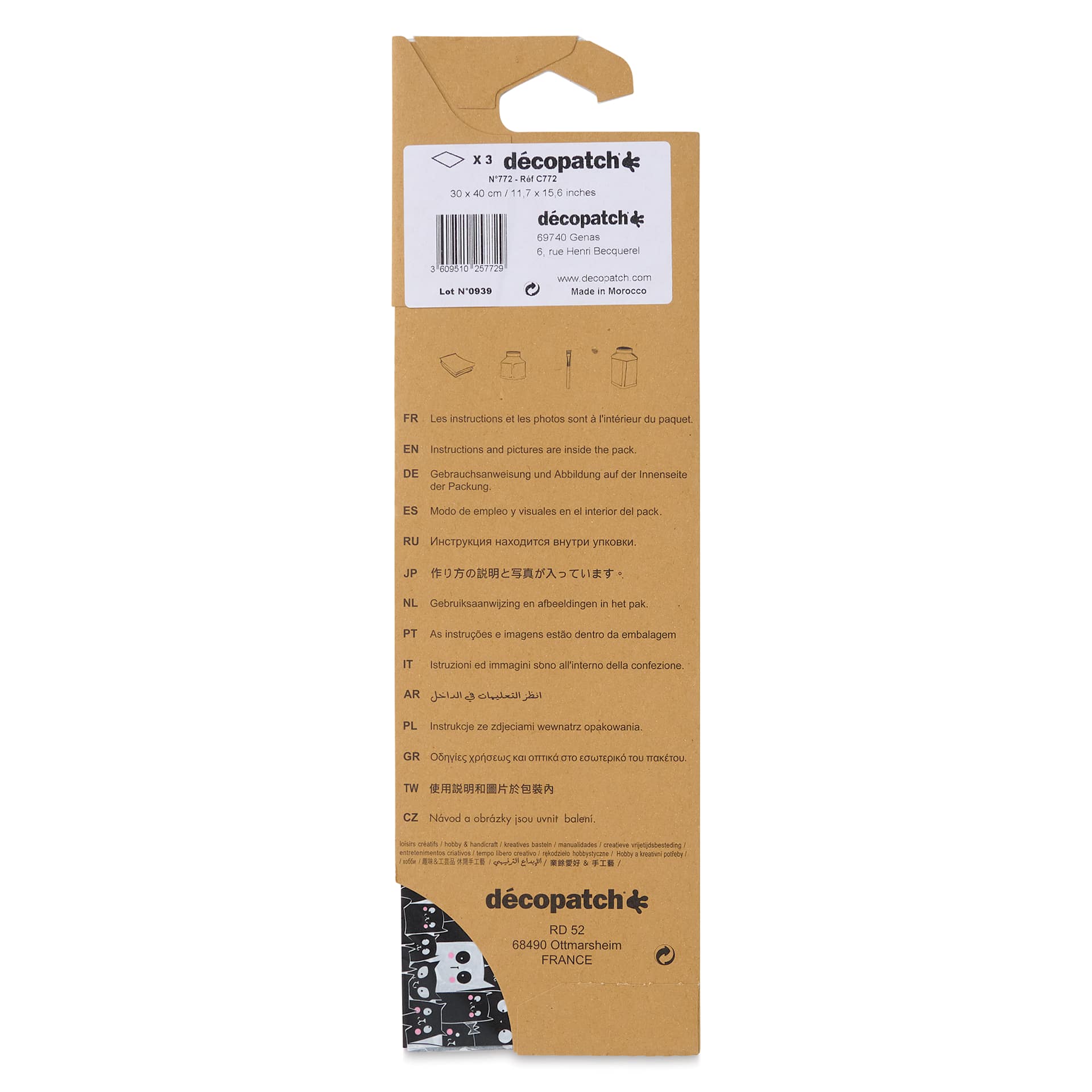 DecoPatch Decorative Papers - Black/White Cats, Pkg of 3, back of the packaging