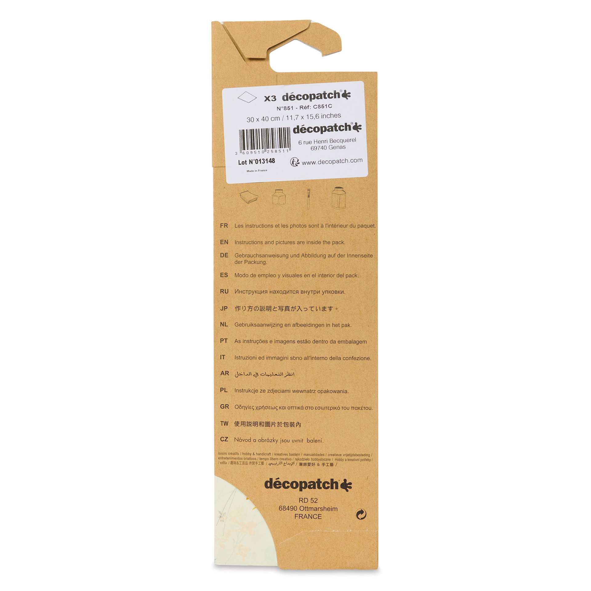 DecoPatch Decorative Papers - Cream and Flowers, Pkg of 3, 12" x 16" - back of packaging