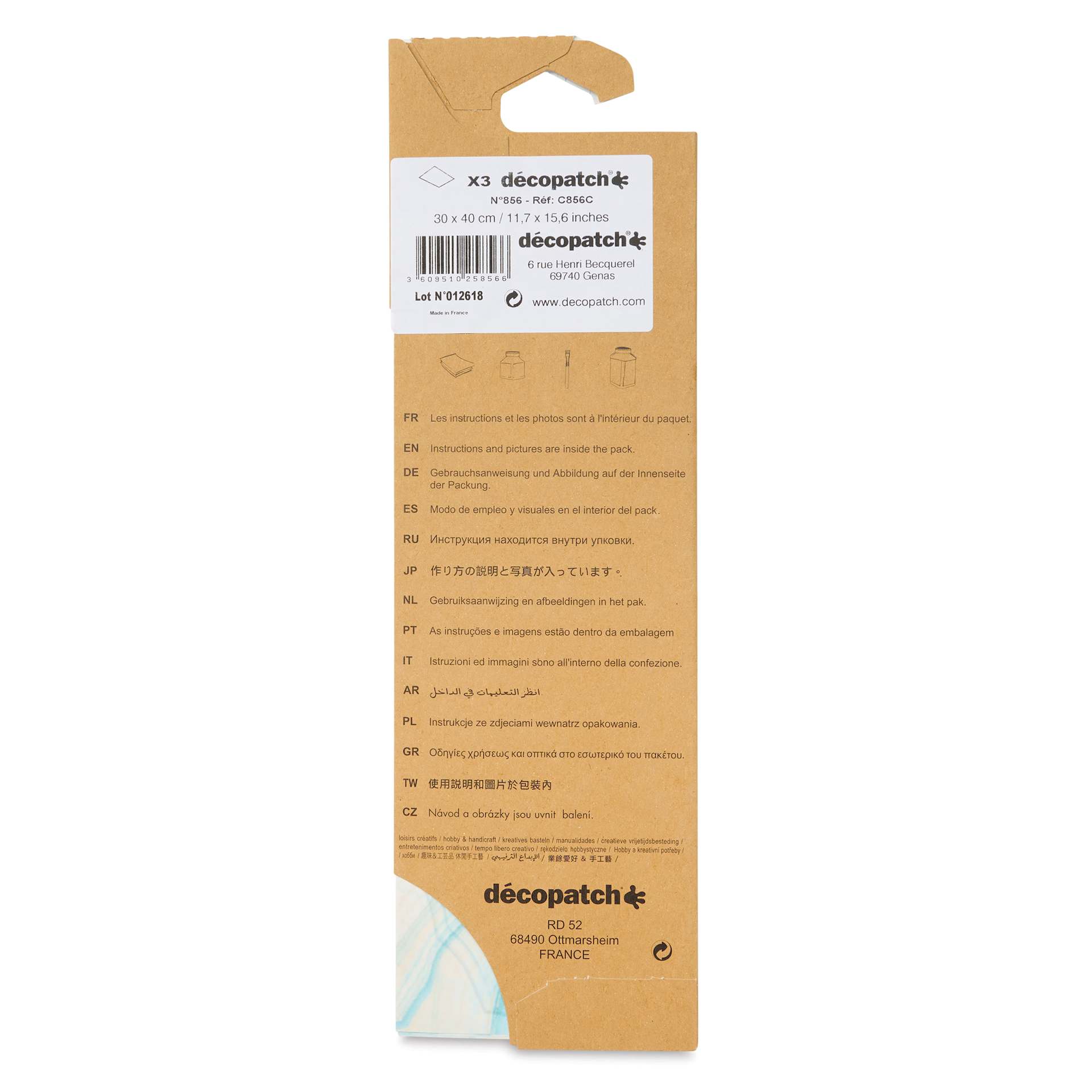 DecoPatch Decorative Papers - Blue with Oranges, Pkg of 3, 12" x 16" - back of packaging