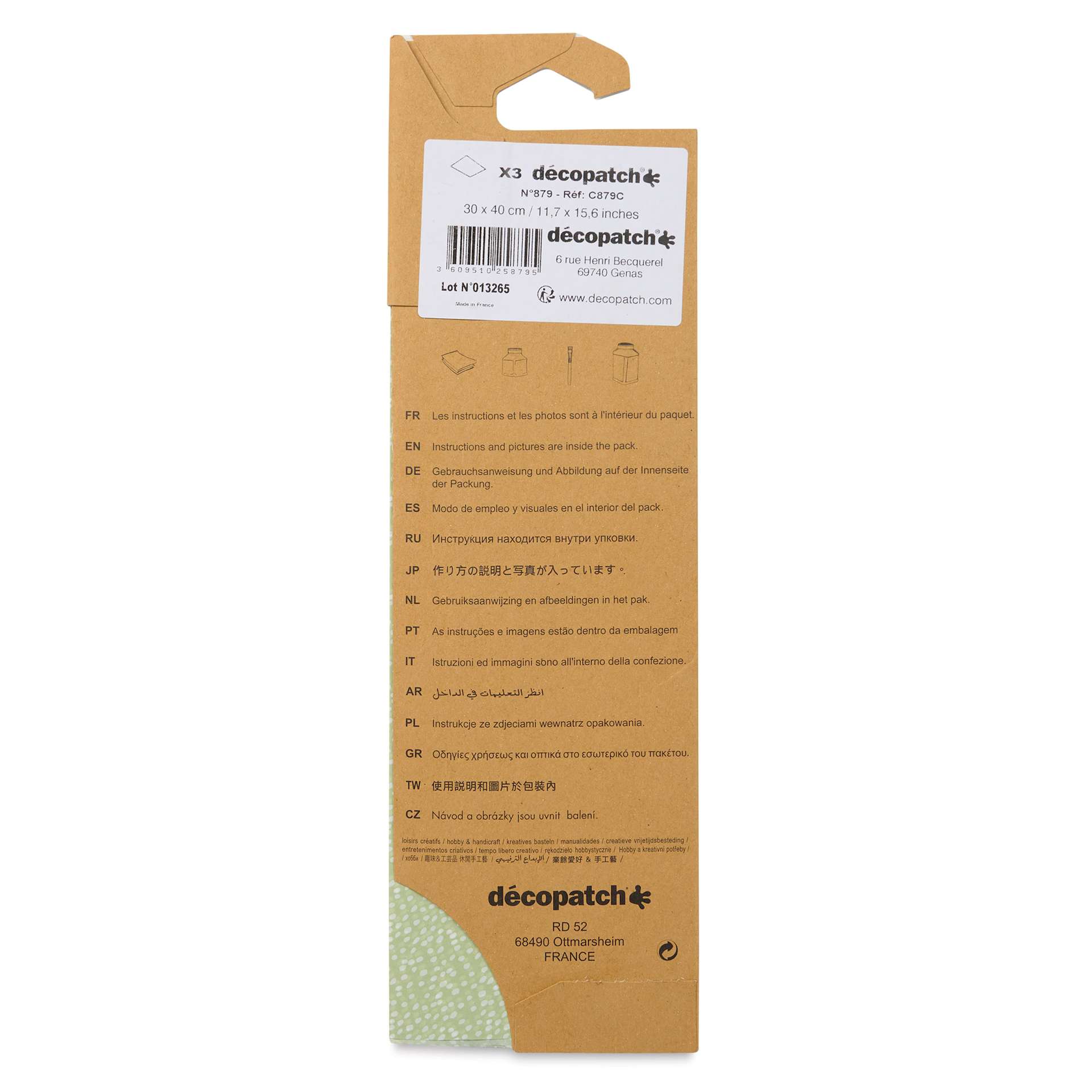 DecoPatch Decorative Papers - Green and White, Pkg of 3, 12" x 16" - back of packaging