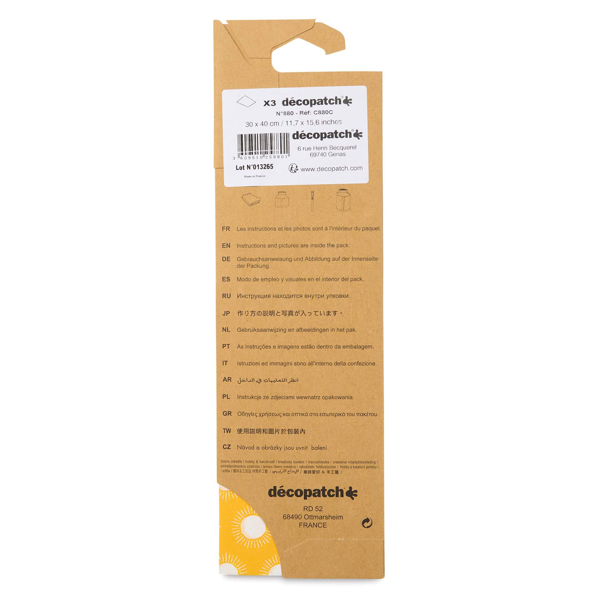 DecoPatch Decorative Papers - Yellow with Suns, Pkg of 3, 12" x 16" - back of packaging