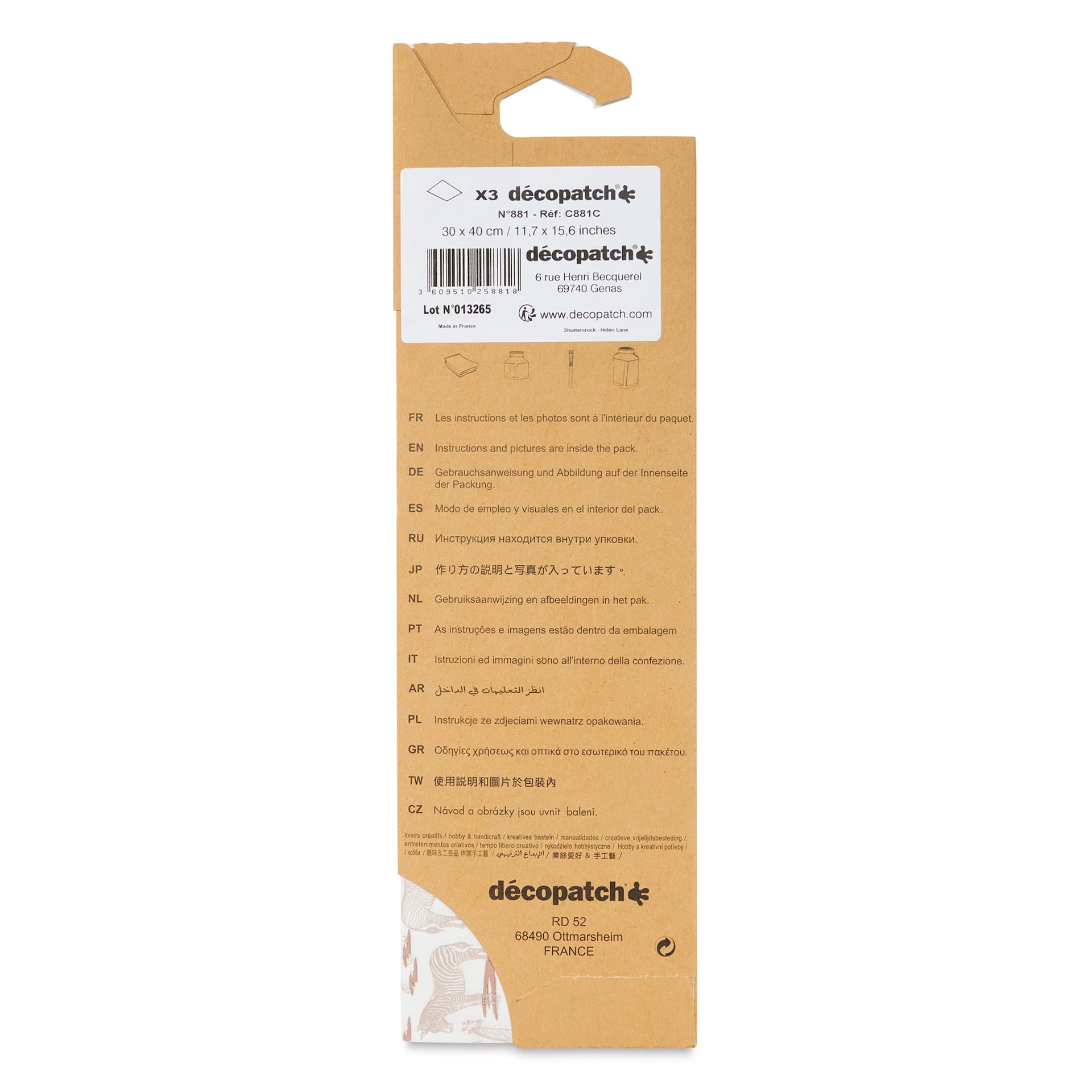 DecoPatch Decorative Papers - Giraffe, Pkg of 3, 12" x 16" - back of packaging
