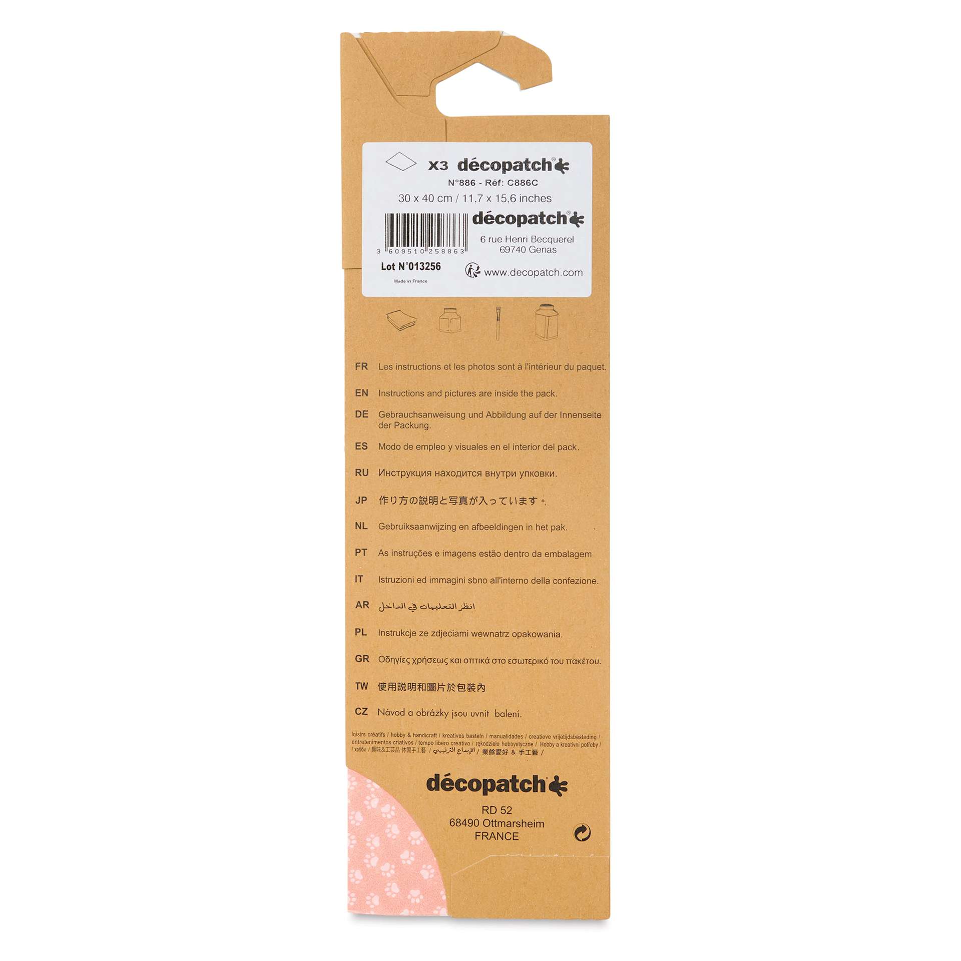 DecoPatch Decorative Papers - Paw Prints, Pkg of 3, 12" x 16" - back of packaging