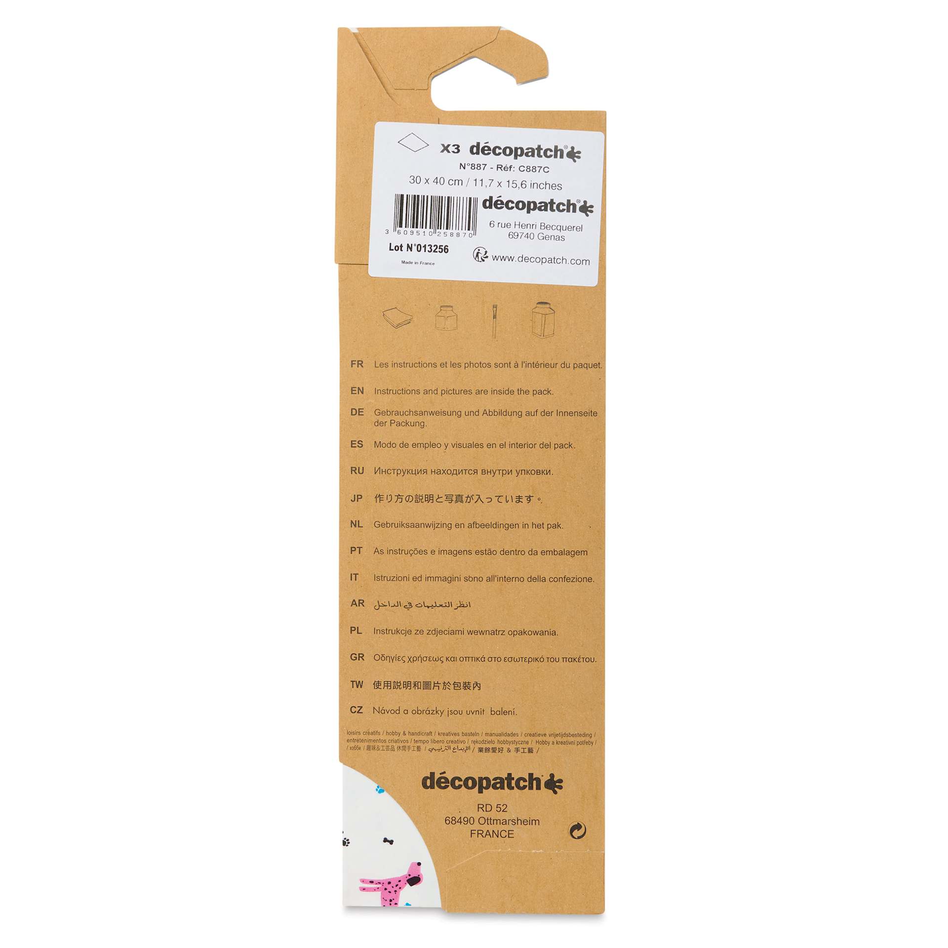 DecoPatch Decorative Papers - Dogs, Pkg of 3, 12" x 16" - back of packaging