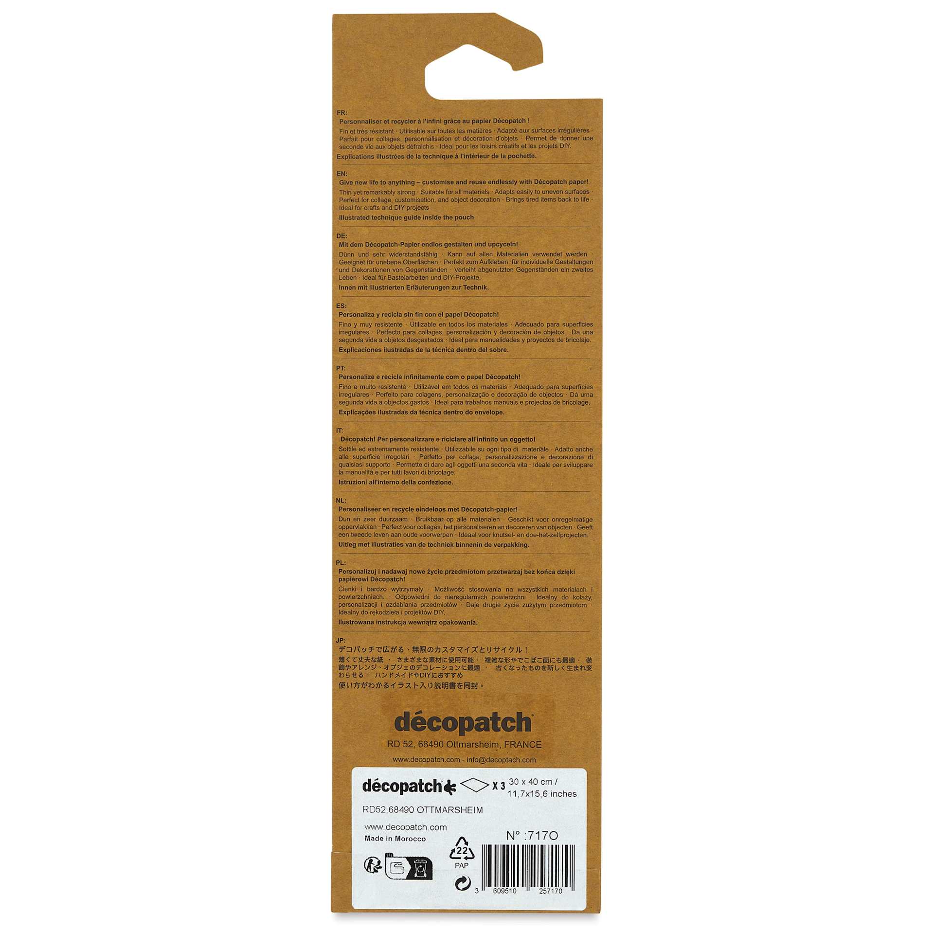 DecoPatch Decorative Papers - Small Pink Roses, Pkg of 3, 12" x 16" back of packaging