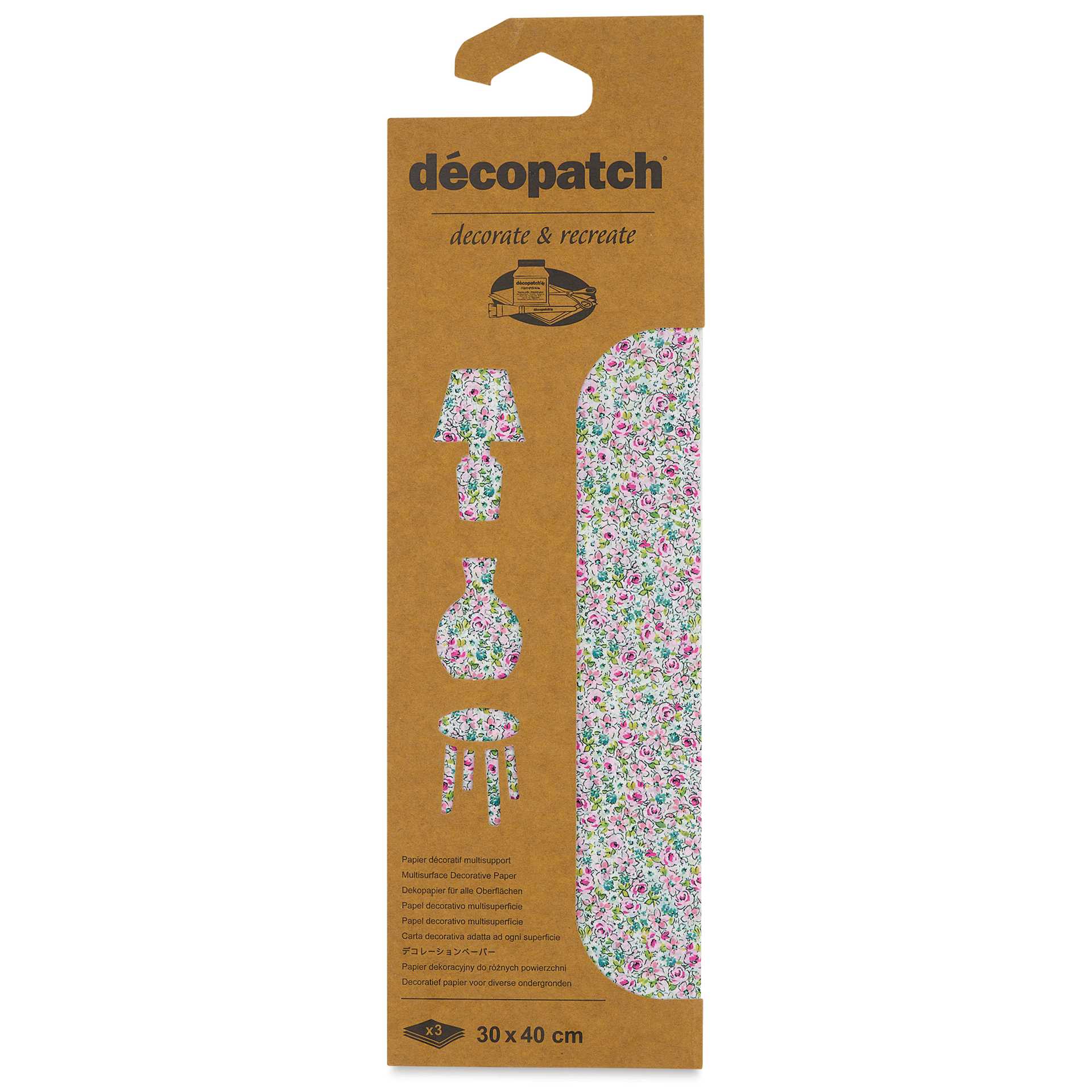 DecoPatch Decorative Papers - Small Pink Roses, Pkg of 3, 12" x 16" front of packaging