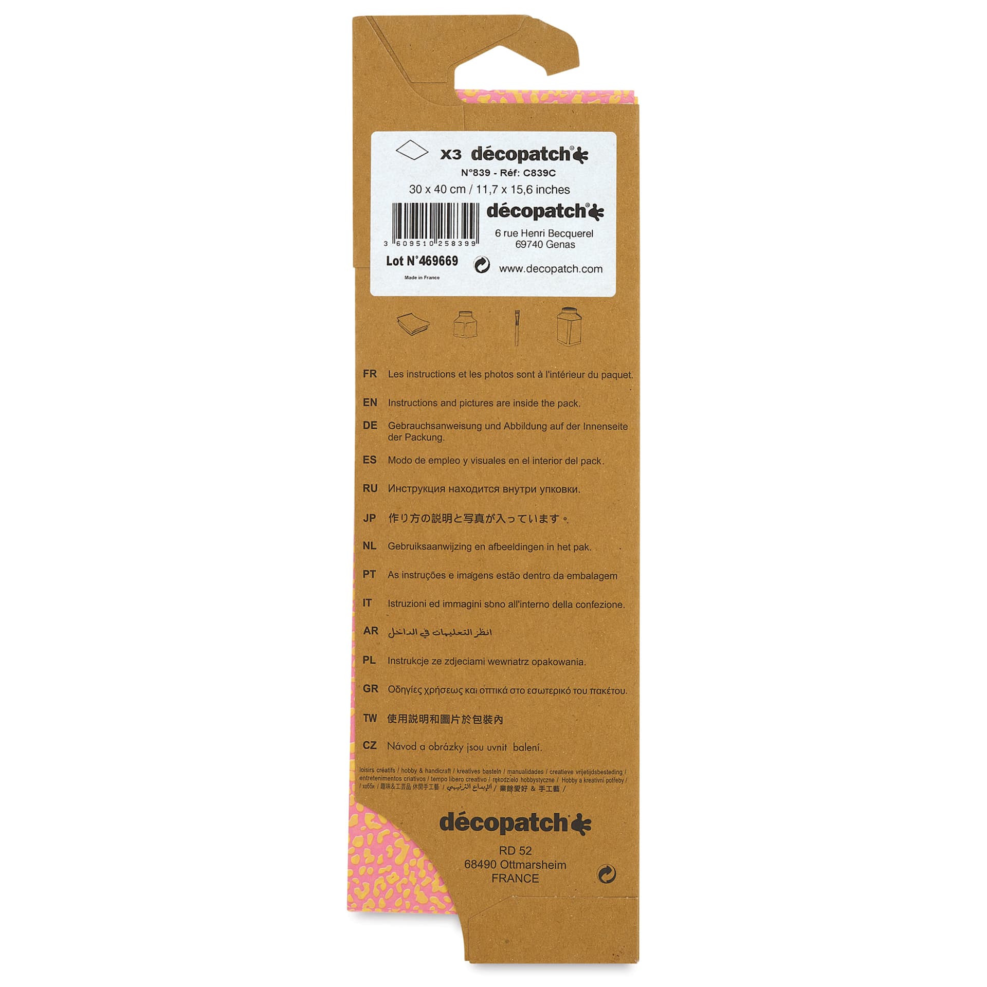 DecoPatch Decorative Papers - Pink/Yellow Speckles, Pkg of 3, 12" x 16" back of packaging