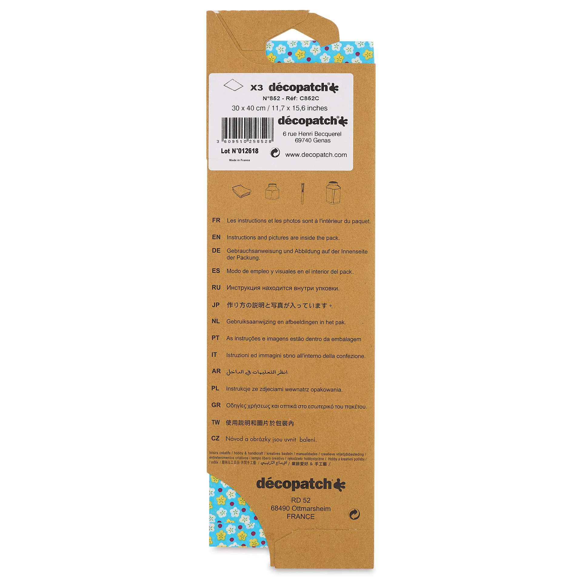 DecoPatch Decorative Papers - Small White/Yellow Daisies on Blue, Pkg of 3, 12" x 16" back of packaging