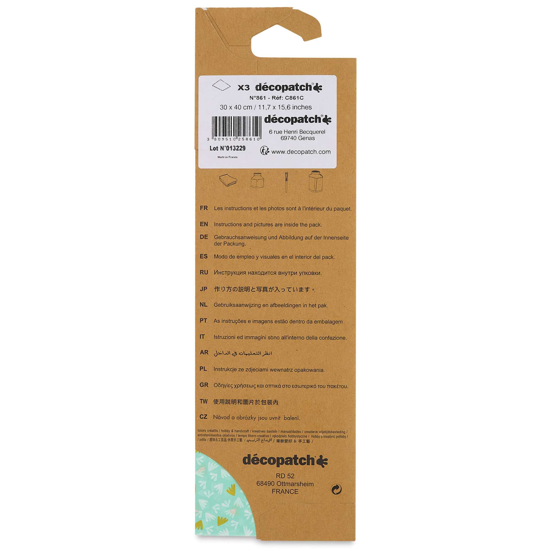 DecoPatch Decorative Papers - White/Gold Whimsical Leaves on Green, Pkg of 3, 12" x 16" back of packaging