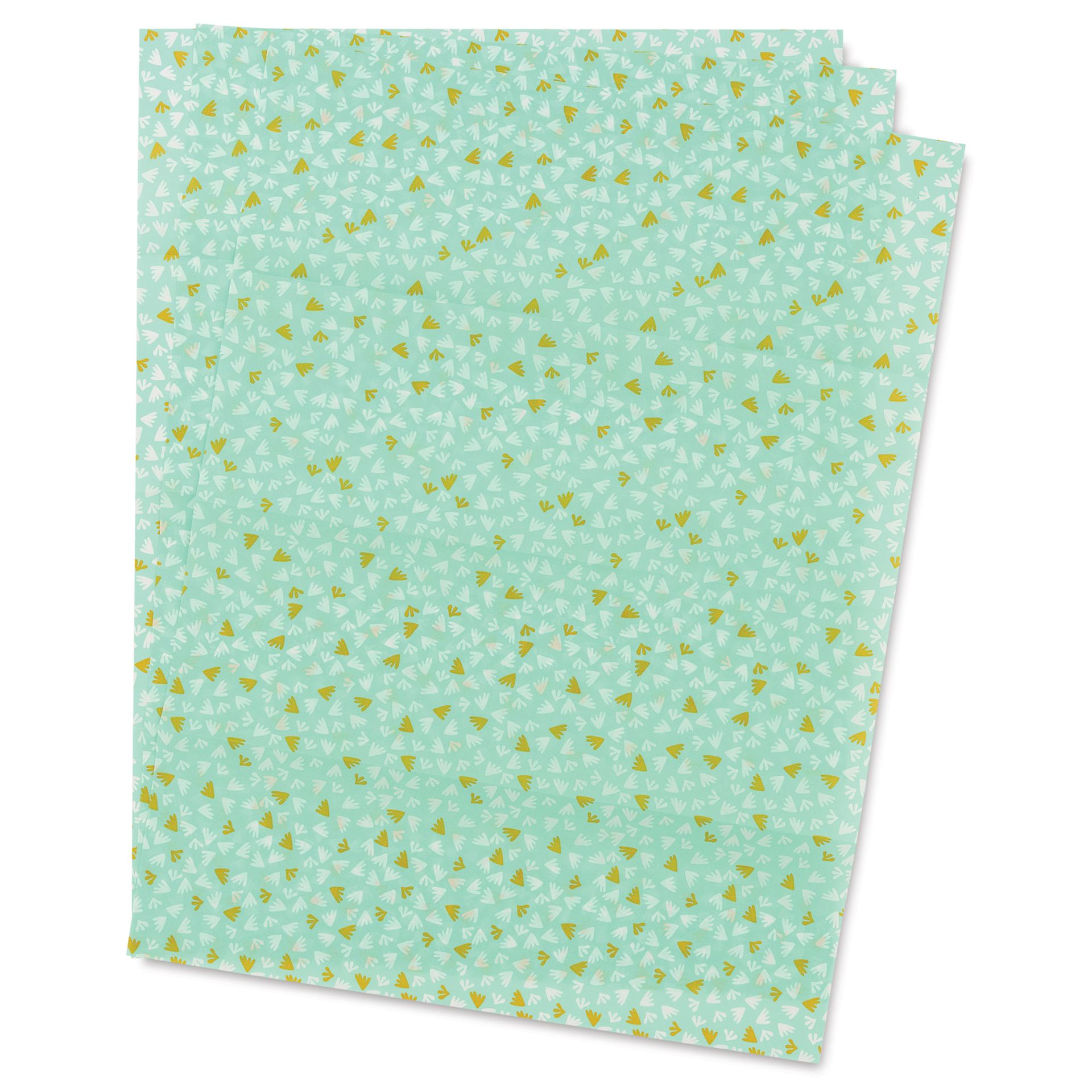 DecoPatch Decorative Papers - White/Gold Whimsical Leaves on Green, Pkg of 3, 12" x 16"