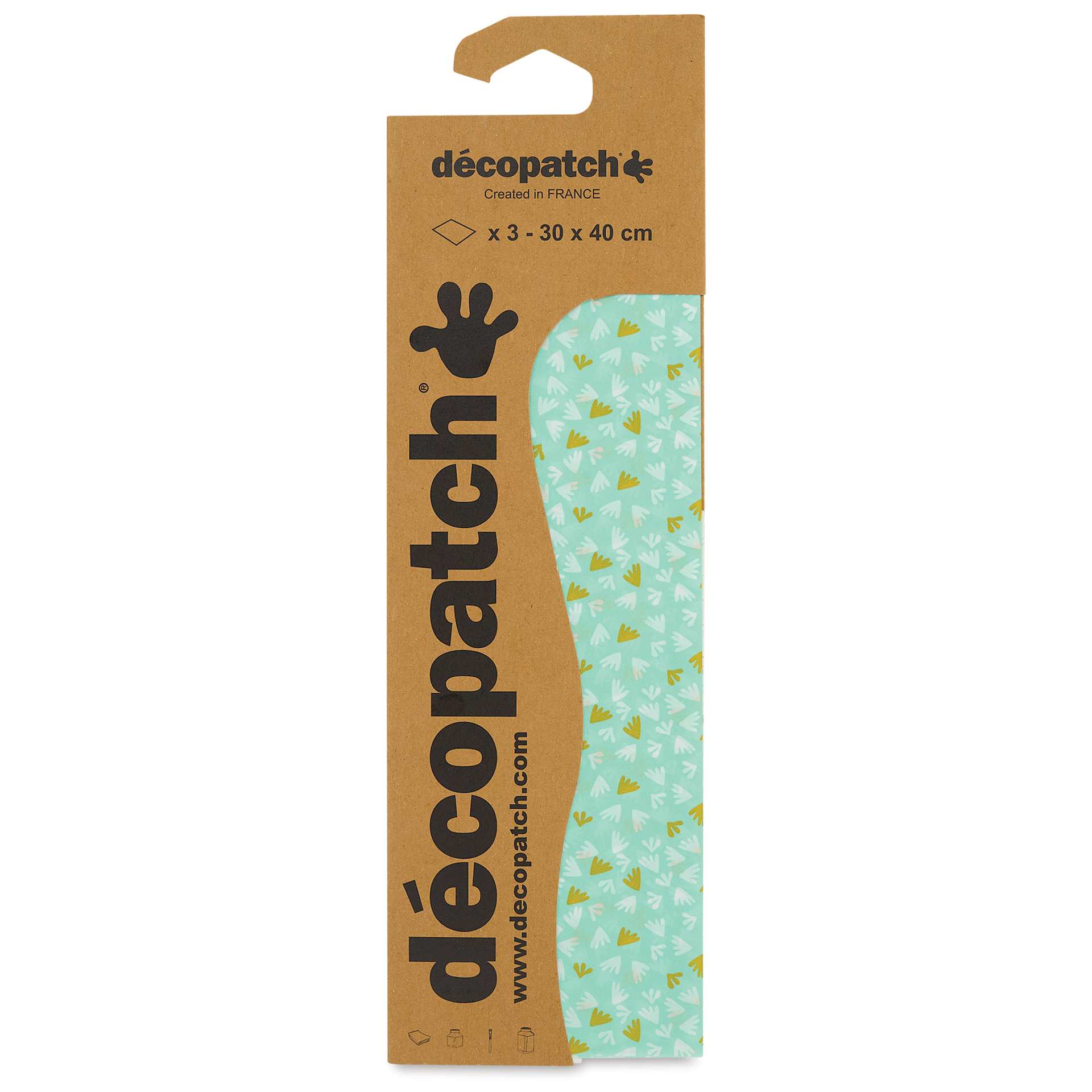 DecoPatch Decorative Papers - White/Gold Whimsical Leaves on Green, Pkg of 3, 12" x 16" front of packaging