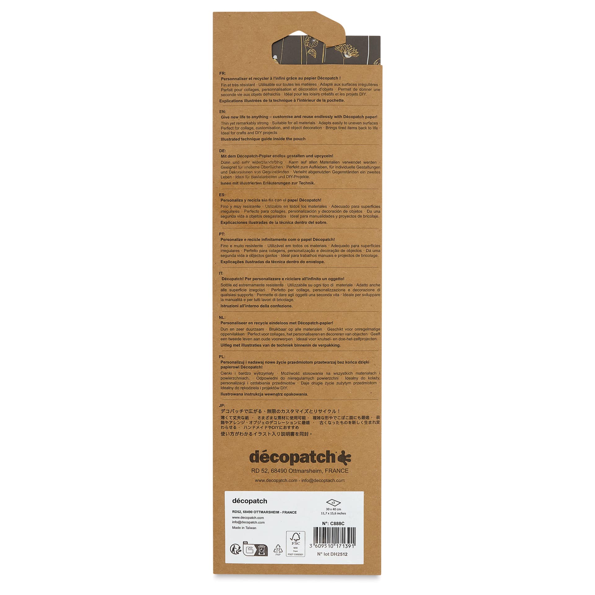 DecoPatch Decorative Papers - Black/Ivory Small Flowers, Pkg of 3, 12" x 16" back of packaging