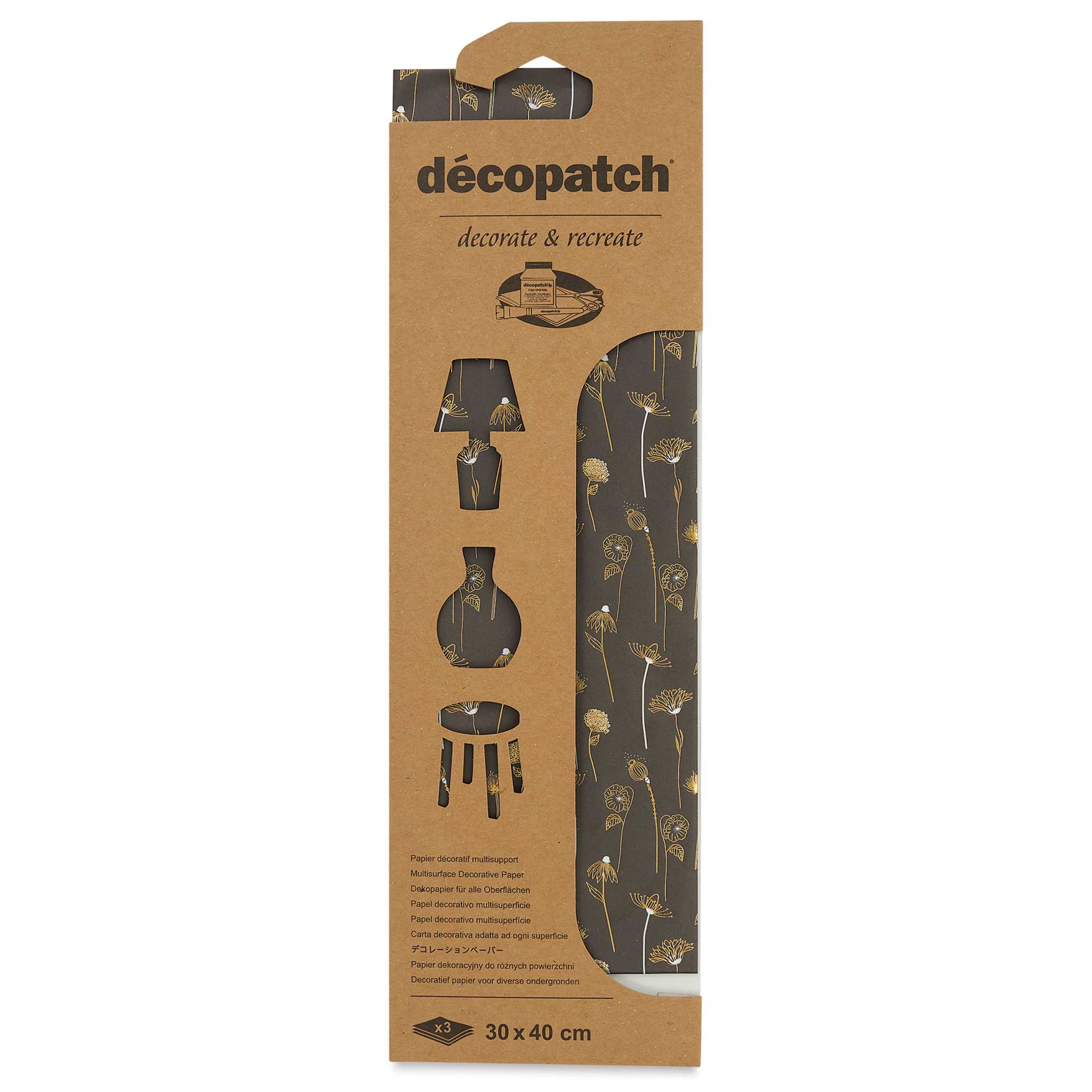 DecoPatch Decorative Papers - Black/Ivory Small Flowers, Pkg of 3, 12" x 16" front of packaging