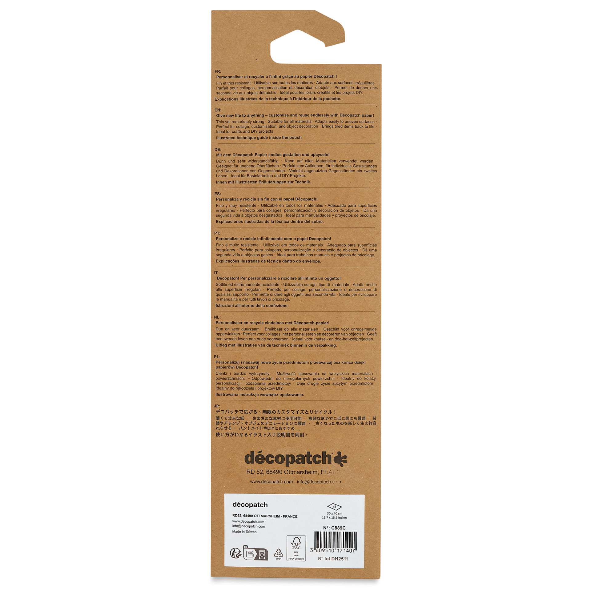 DecoPatch Decorative Papers - Gold Speckles, Pkg of 3, 12" x 16" back of packaging