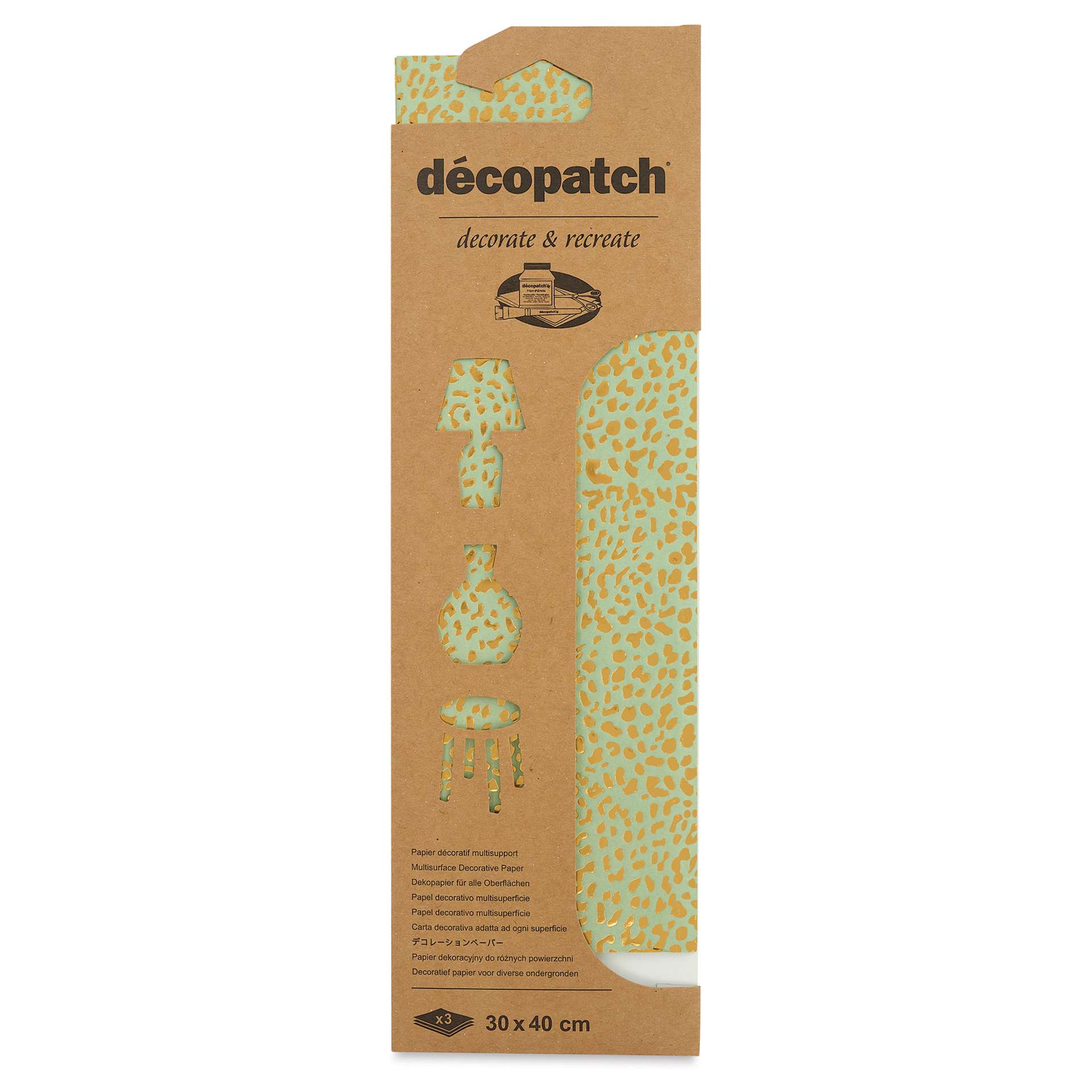 DecoPatch Decorative Papers - Gold/Blue Speckles on Green, Pkg of 3, 12" x 16" front of packaging