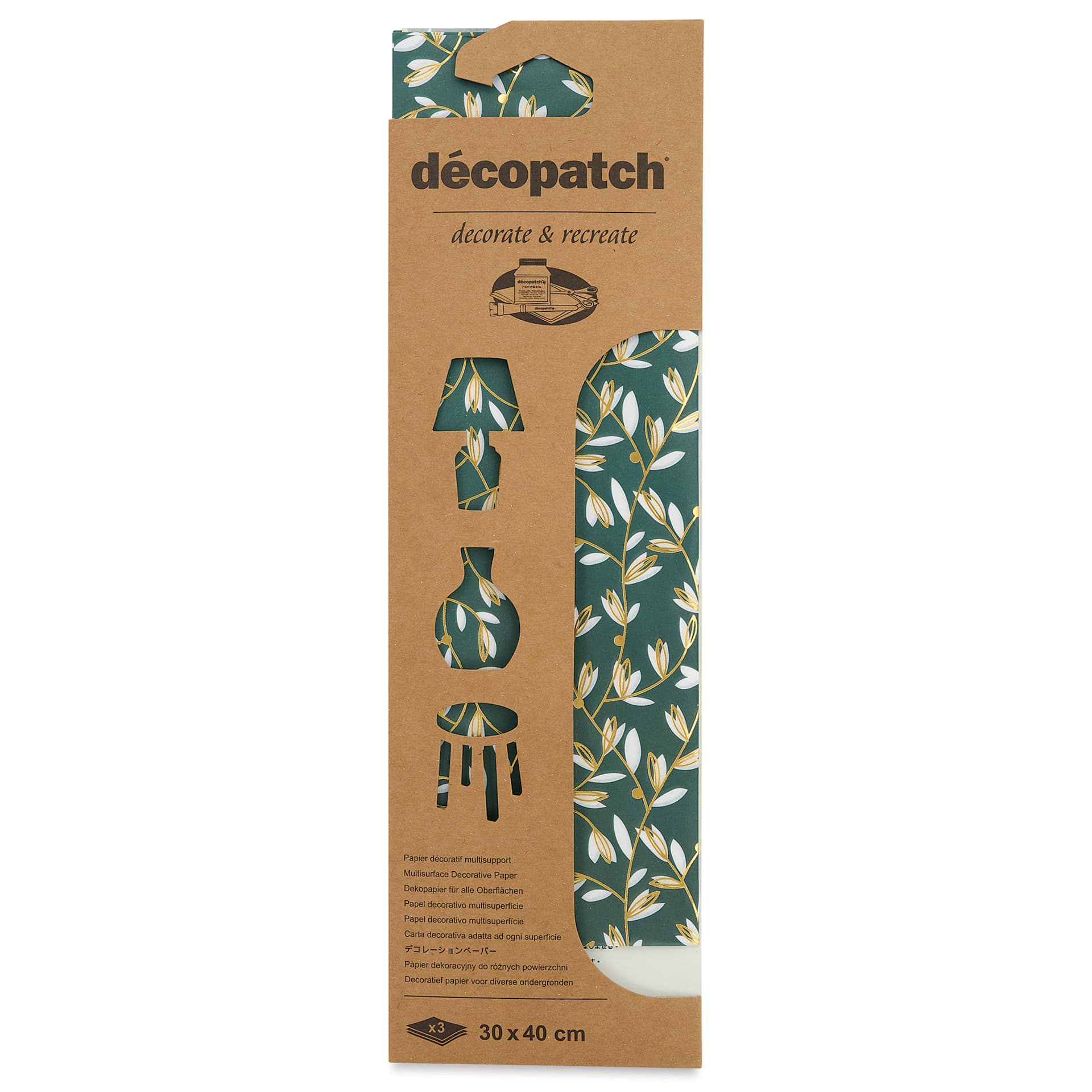 DecoPatch Decorative Papers - Blue Foil Leaves, Pkg of 3, 12" x 16" front of packaging