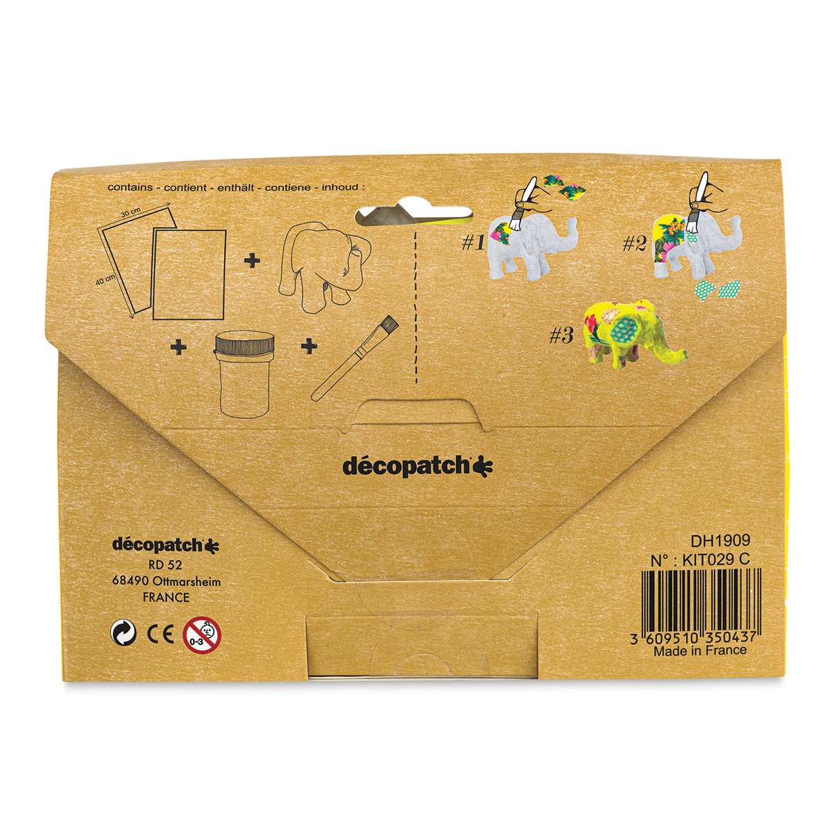 DecoPatch Paper Mache Elephant Kit, back of the packaging