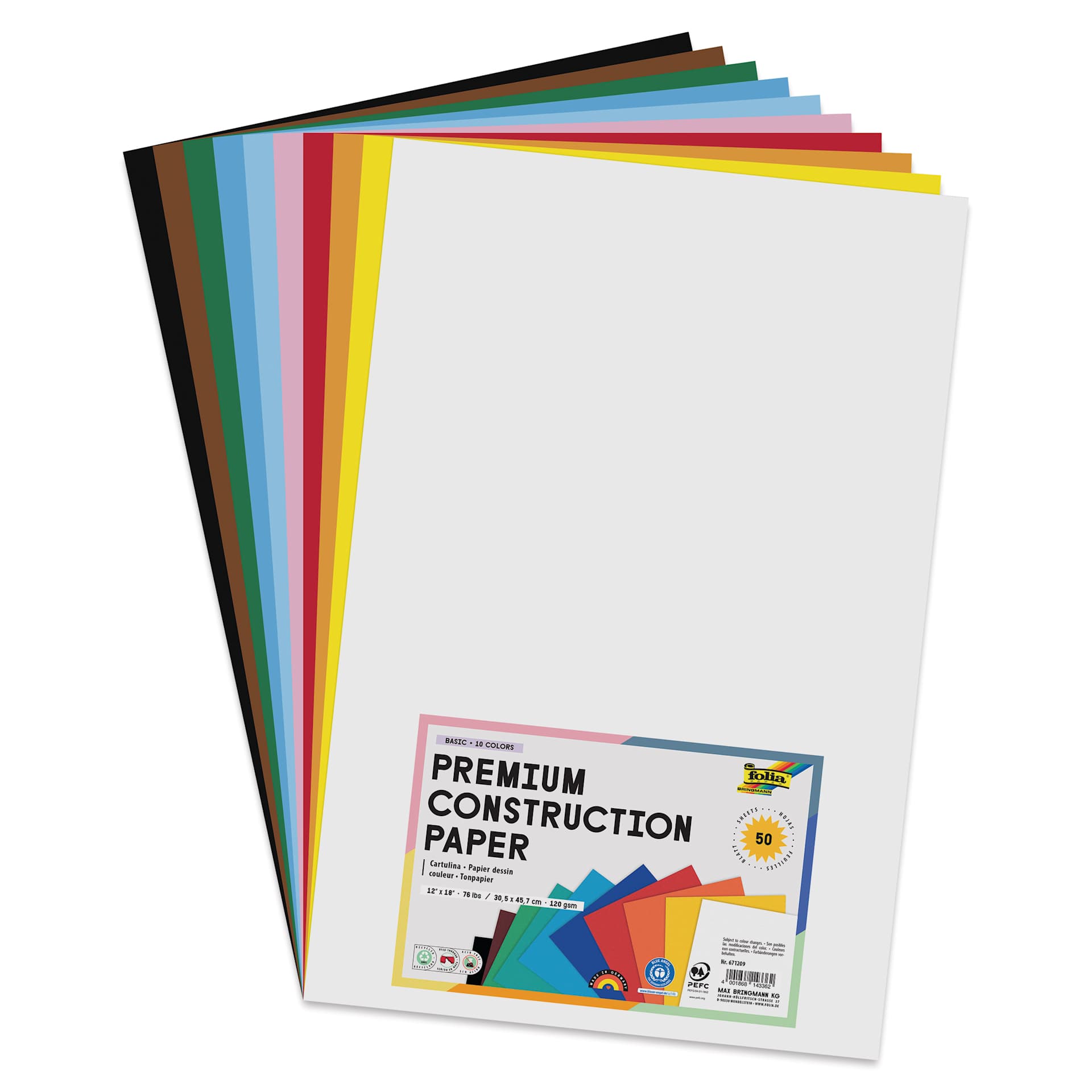 Folia Premium Construction Paper - Pkg of 50, Assorted, 12" x 18"