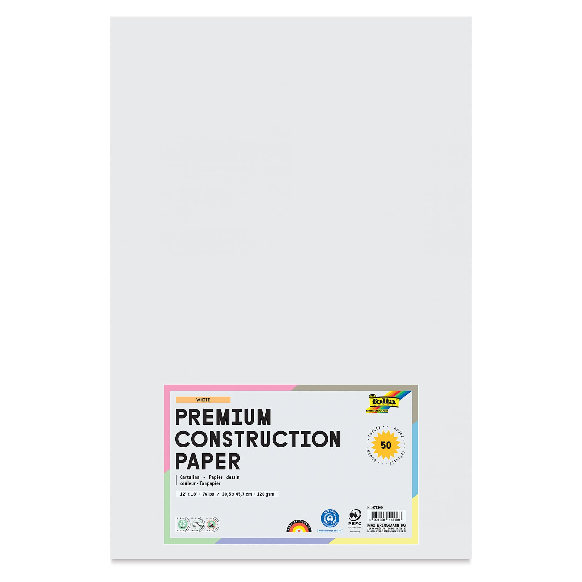 Folia Premium Construction Paper - Pkg of 50, White, 12" x 18", front of packaging