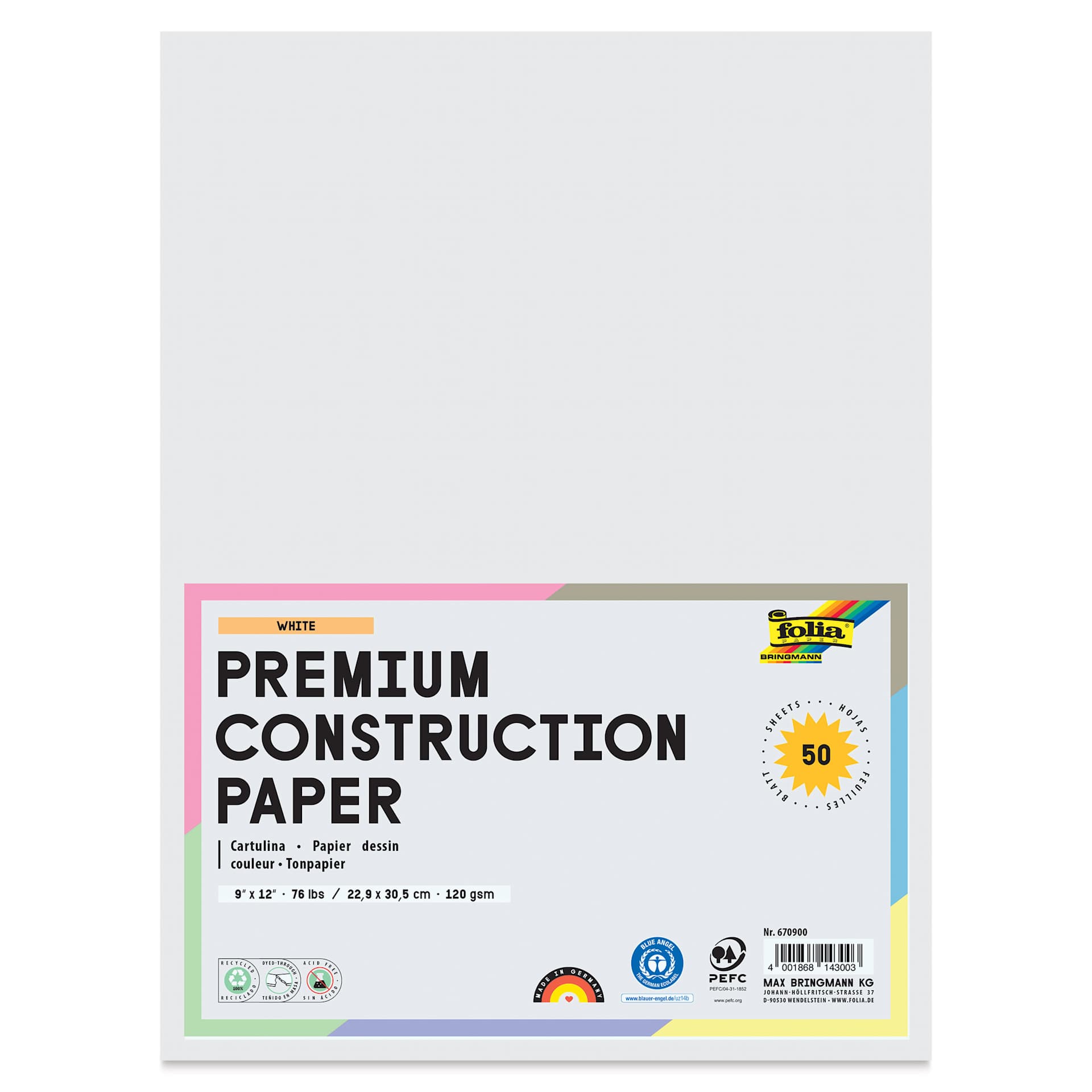 Folia Premium Construction Paper - Pkg of 50, White, 9" x 12", front of packaging