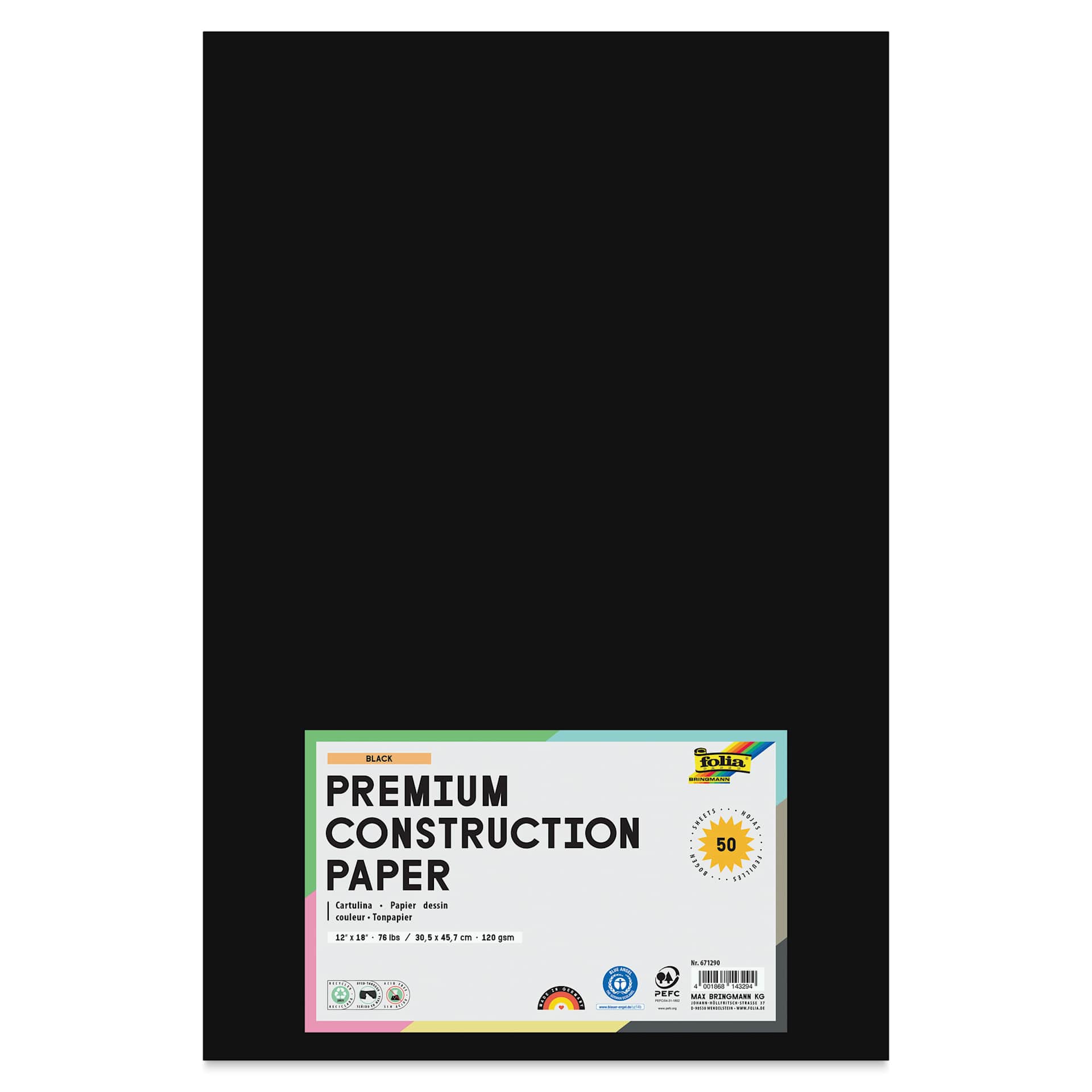 Folia Premium Construction Paper - Pkg of 50, Black, 12" x 18", front of packaging