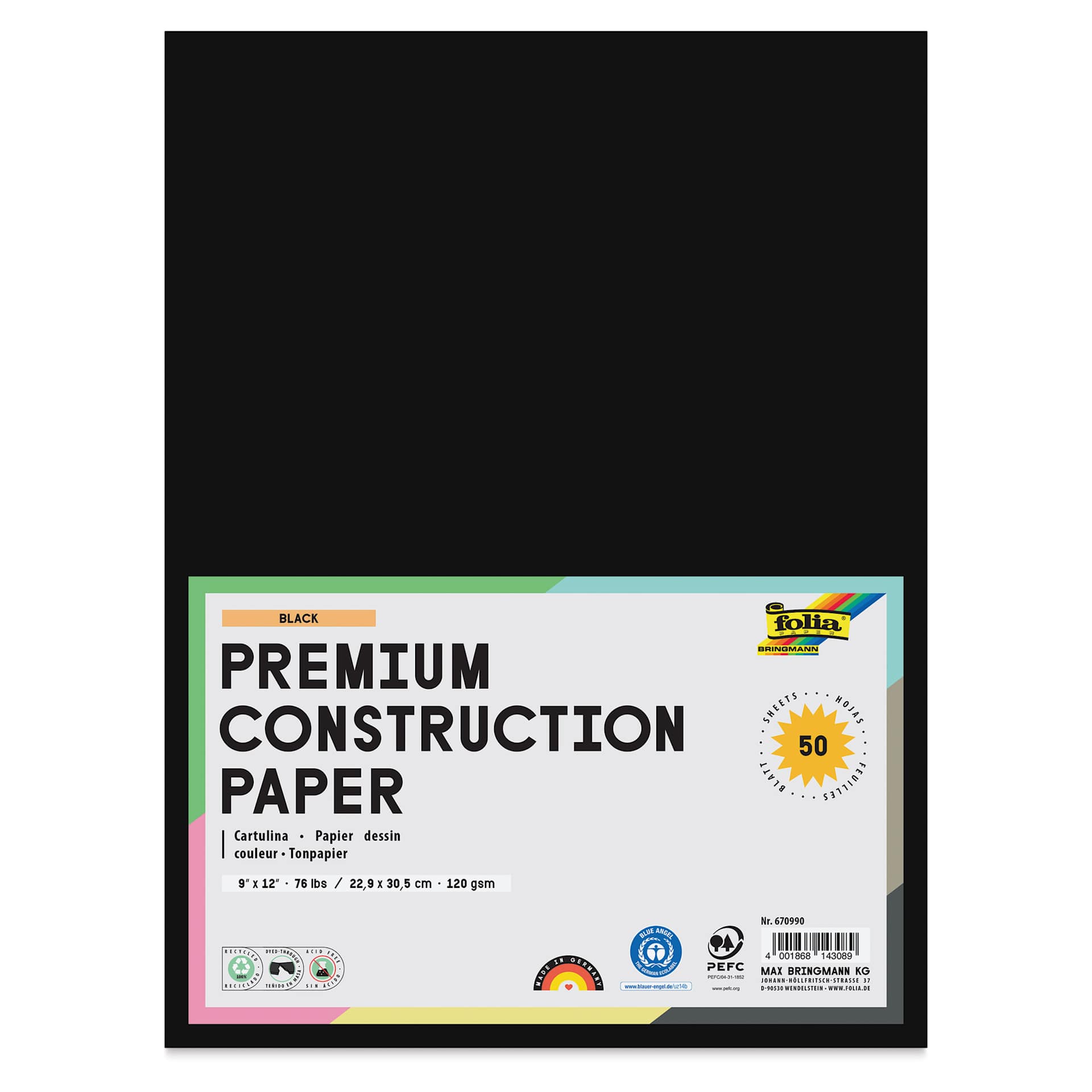 Folia Premium Construction Paper - Pkg of 50, Black, 9" x 12", front of packaging