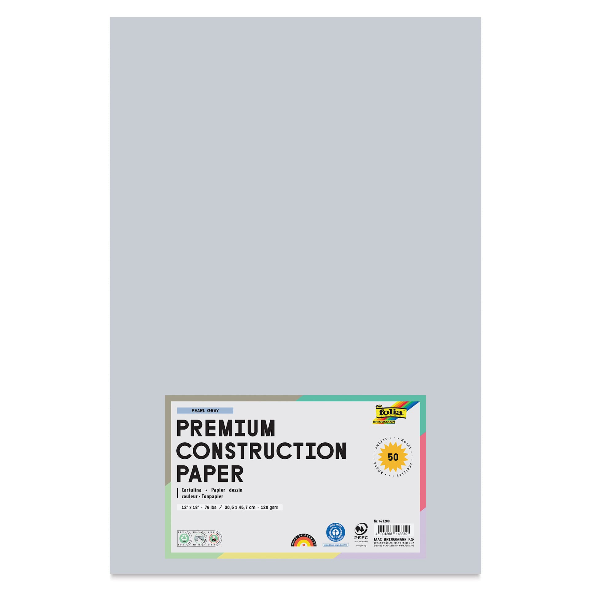 Folia Premium Construction Paper - Pkg of 50, Pearl Gray, 12" x 18", front of packaging