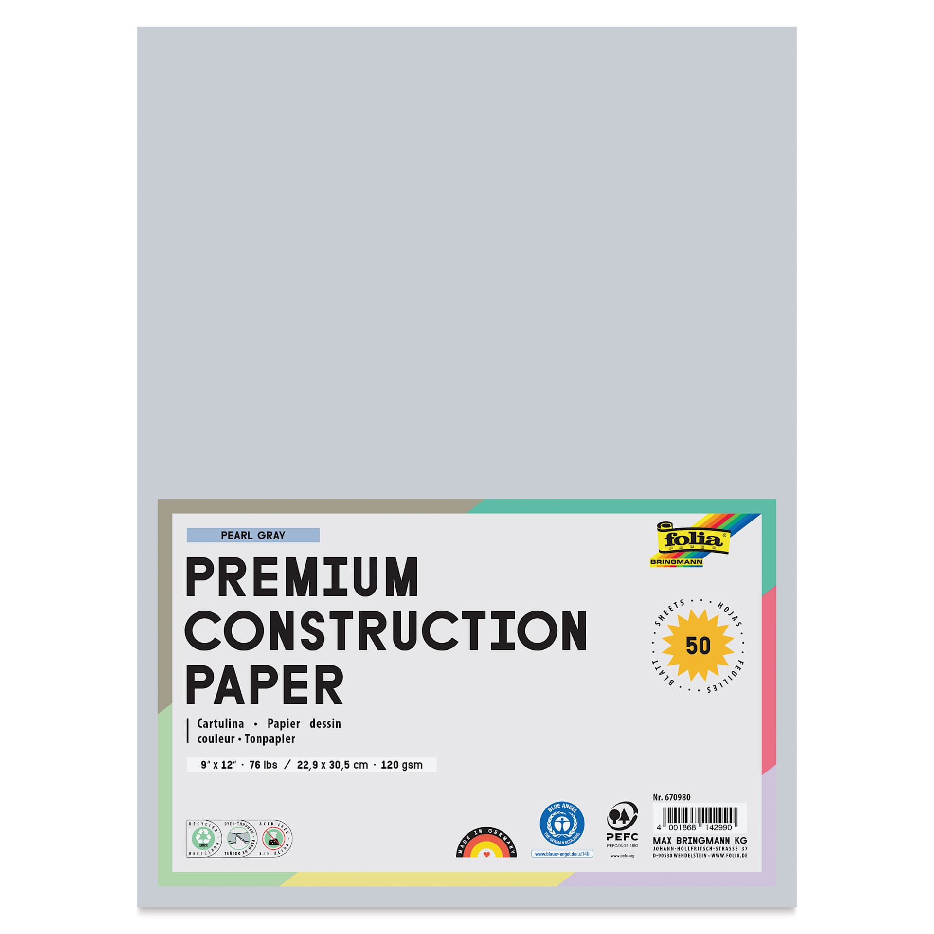Folia Premium Construction Paper - Pkg of 50, Pearl Gray, 9" x 12", front of packaging