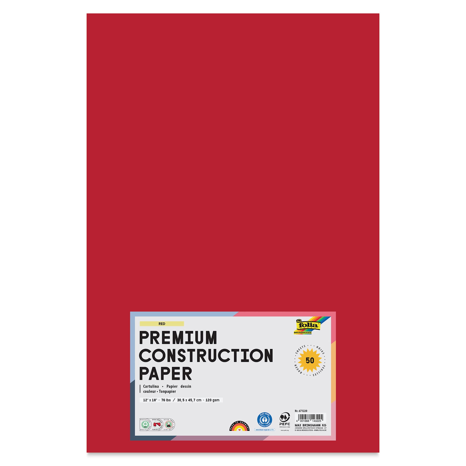 Folia Premium Construction Paper - Pkg of 50, Red, 12" x 18", front of packaging