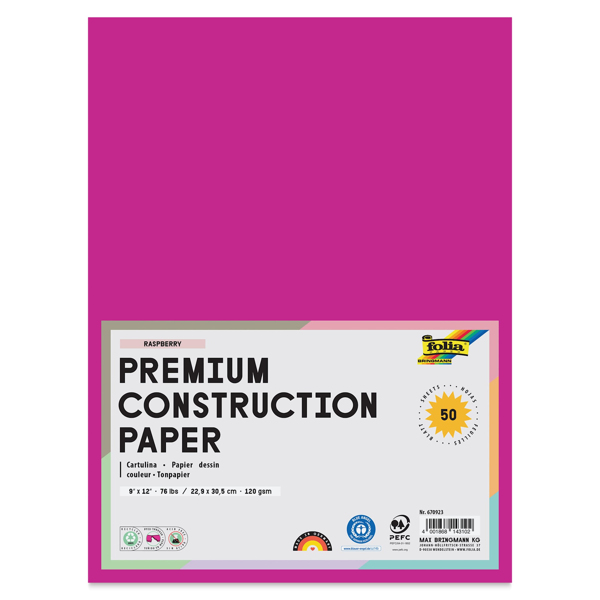 Folia Premium Construction Paper - Pkg of 50, Raspberry, 9" x 12", front of packaging