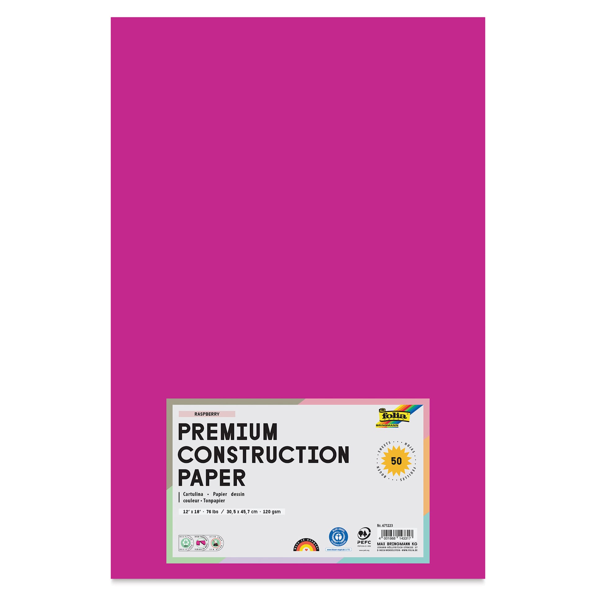 Folia Premium Construction Paper - Pkg of 50, Raspberry, 12" x 18", front of packaging