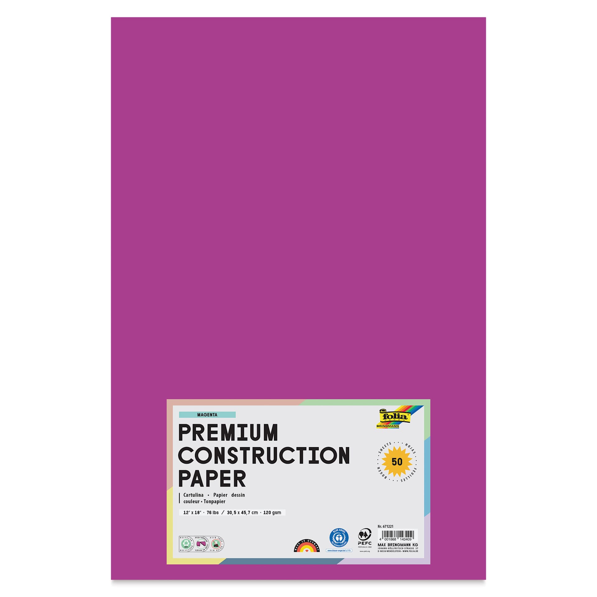 Folia Premium Construction Paper - Pkg of 50, Magenta, 12" x 18", front of packaging